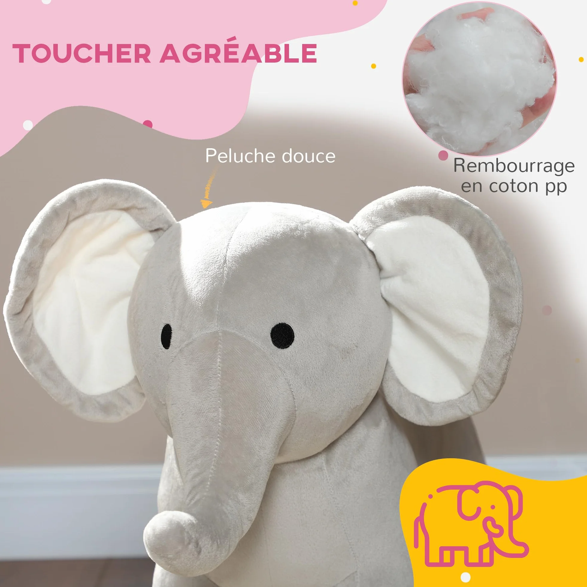 AIYAPLAY Cheval à Bascule pour Enfant, Jouet à Bascule en Peluche Éléphant avec Effets Sonores, 64,5x31x52 cm, Gris