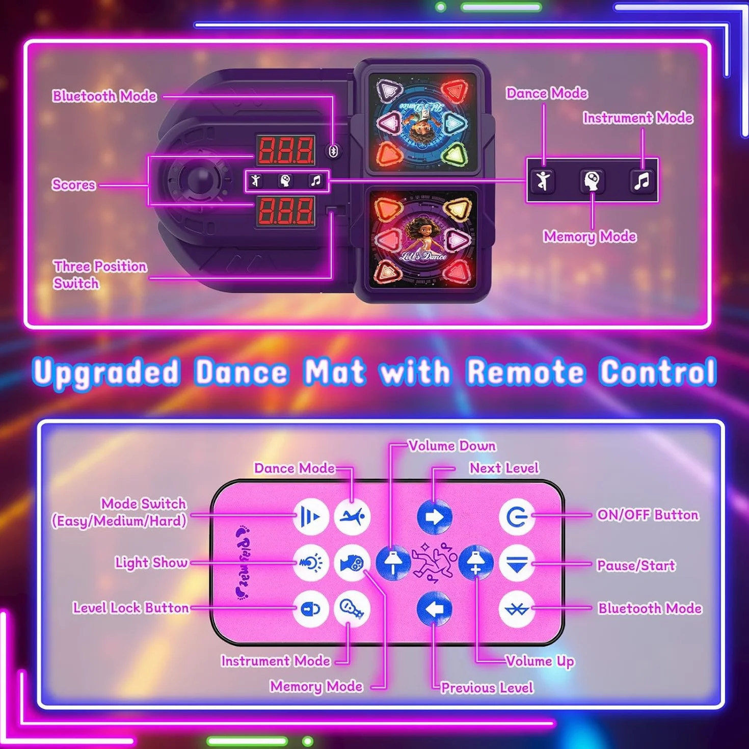 Tapis de Danse pour Enfants 2 Joueurs, Tapis de Danse Lumineux 12 Boutons Bluetooth, Cadeau Anniversaire Noël Filles Garçons 3-12 Ans
