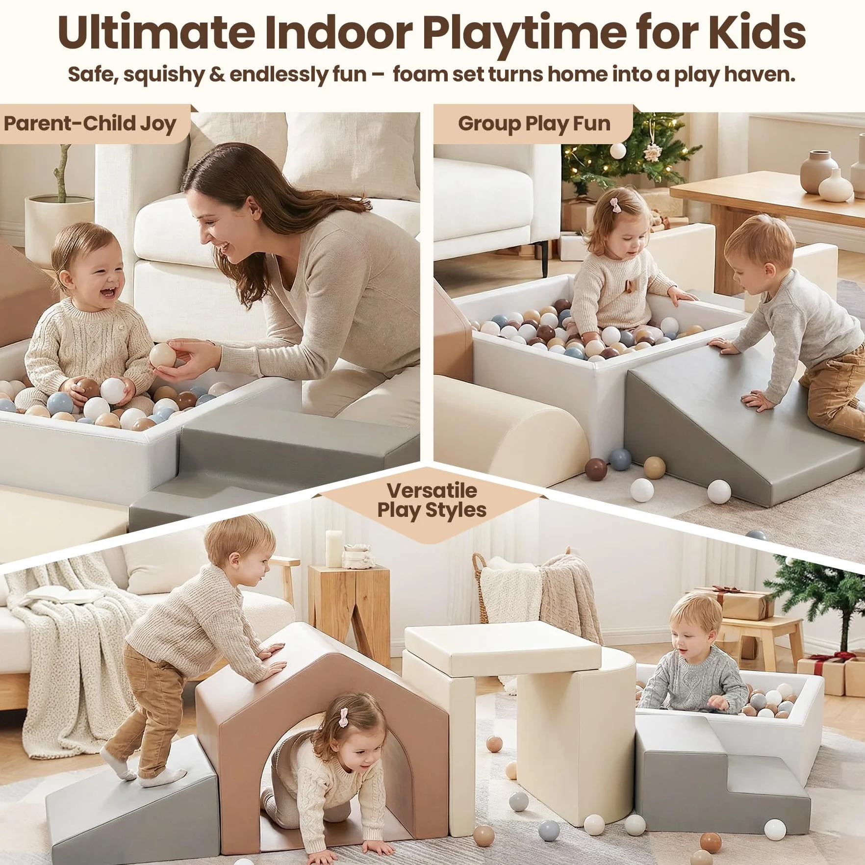 Parcours Motricité Bébé 7 Pièces Cuir PU Blocs Mousse Éducatifs avec Piscine à Balles - Structure d'escalade Antidérapante