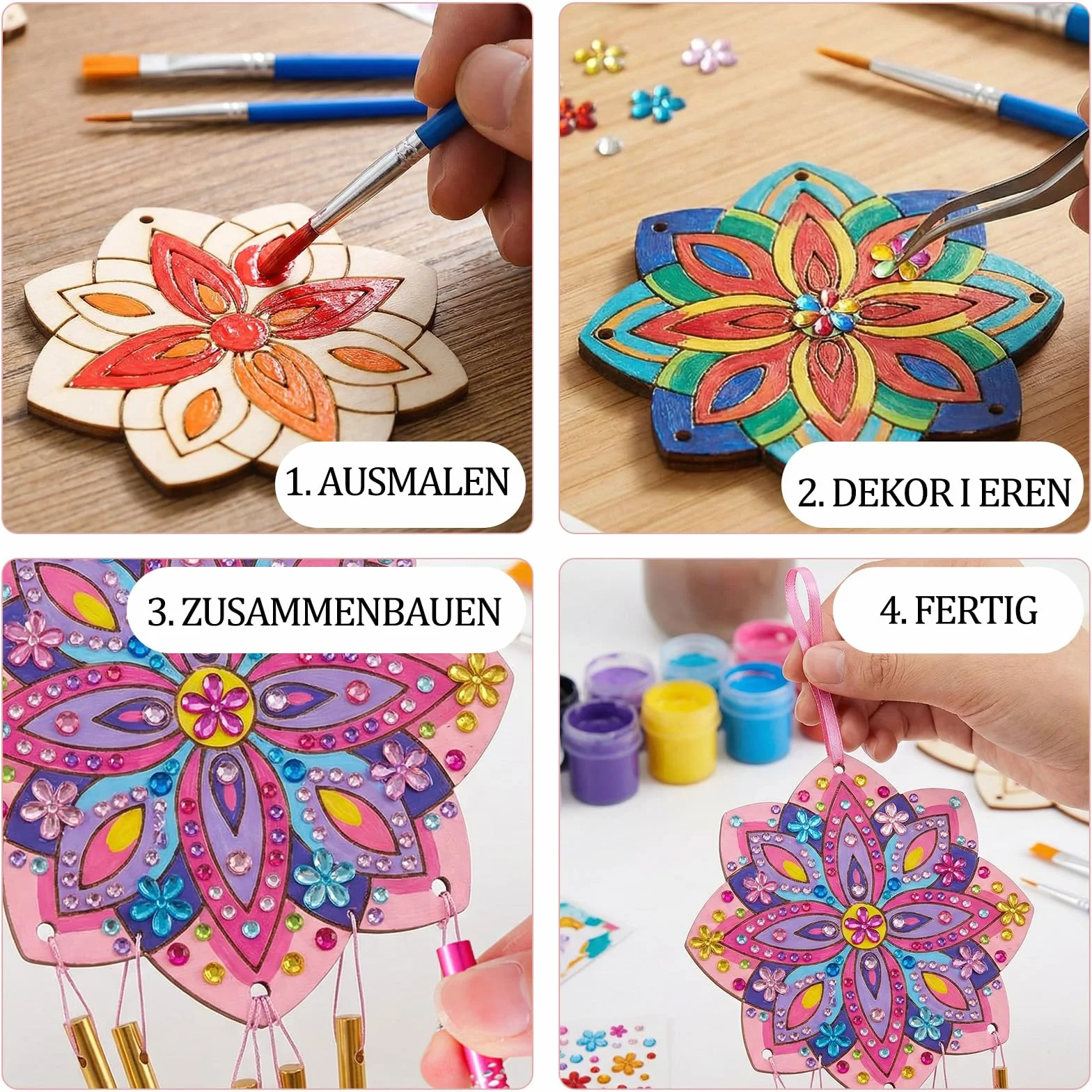 Carillons éoliens en bois pour enfants Mandala - Décoration de jardin - Lot de 10