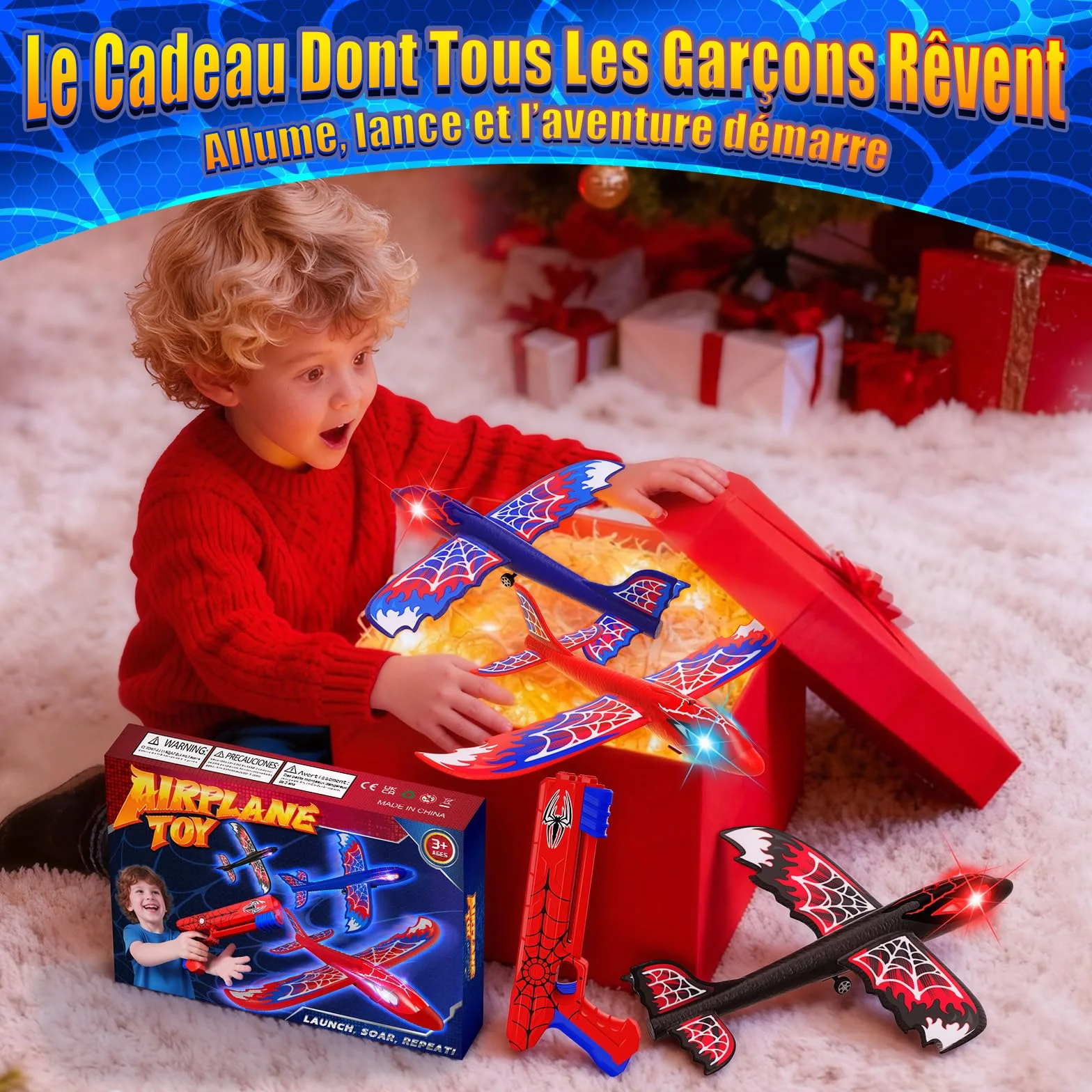 Avion Jouet Enfant 3-12 Ans, 3 Avion Planeur avec Yeux Lumineux & Ailes Toile, Jouet Garçon Cadeau Noël Anniversaire