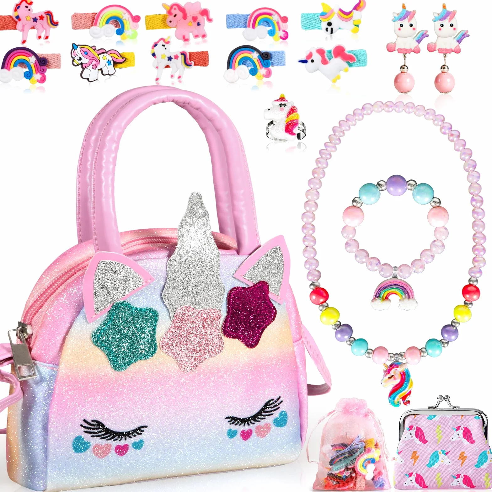Licorne Sac à Main Bijoux Enfants Fille, Bagues, Boucles d'oreilles, Colliers, Bracelets, Épingles à Cheveux pour 1-6 Ans