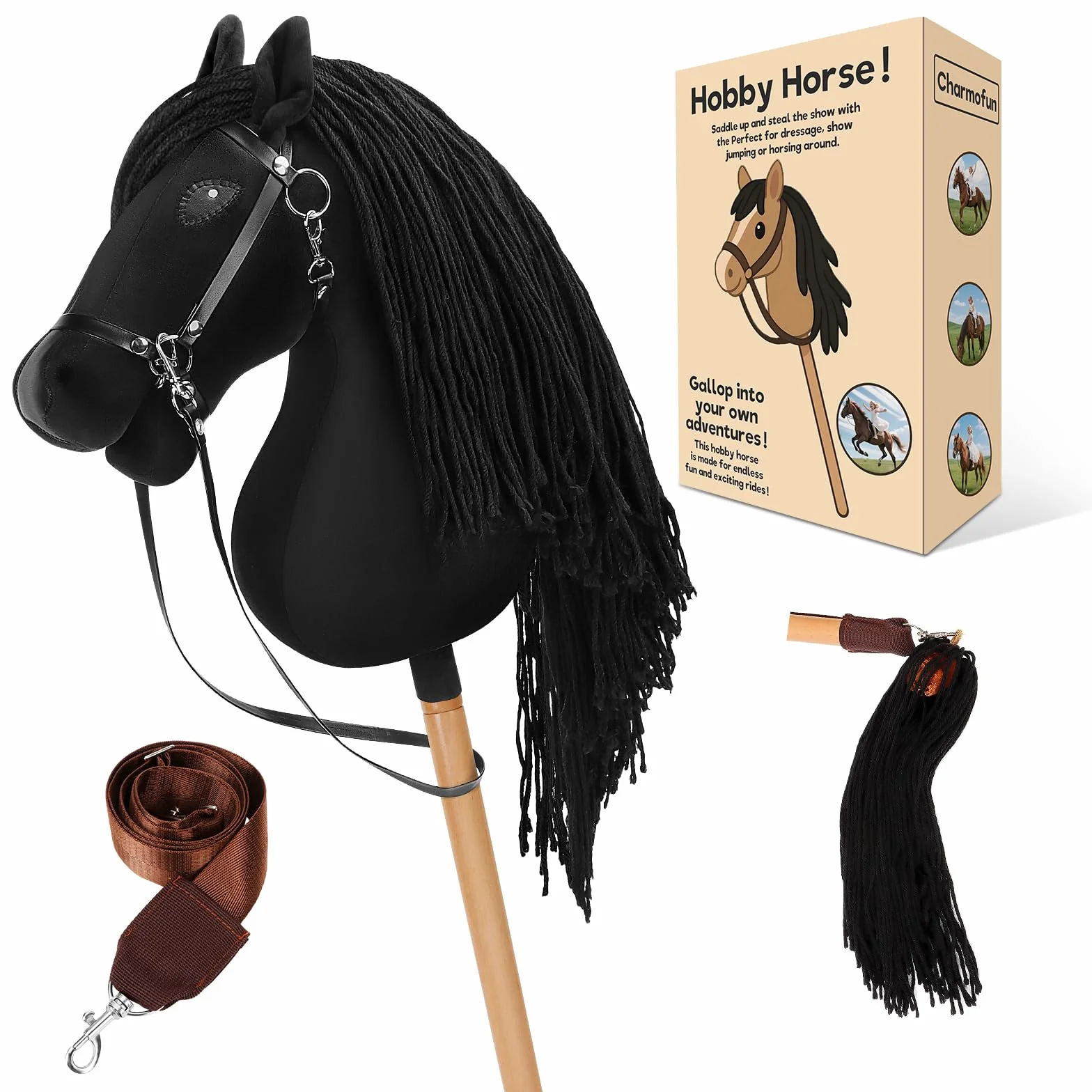 Charmofun Cheval Bâton Enfant, Hobby Horse Tête A3 avec Licol Peluche, Jouet Cheval Fille Garçon Marron