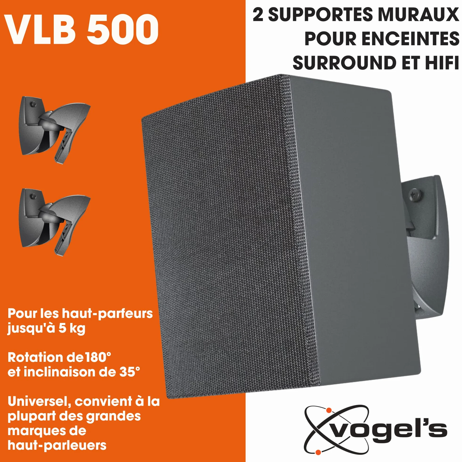 Vogel's VLB 500 Support Mural Universel pour Enceintes 2X, Orientable 180º, Poids Max 5 kg, Noir