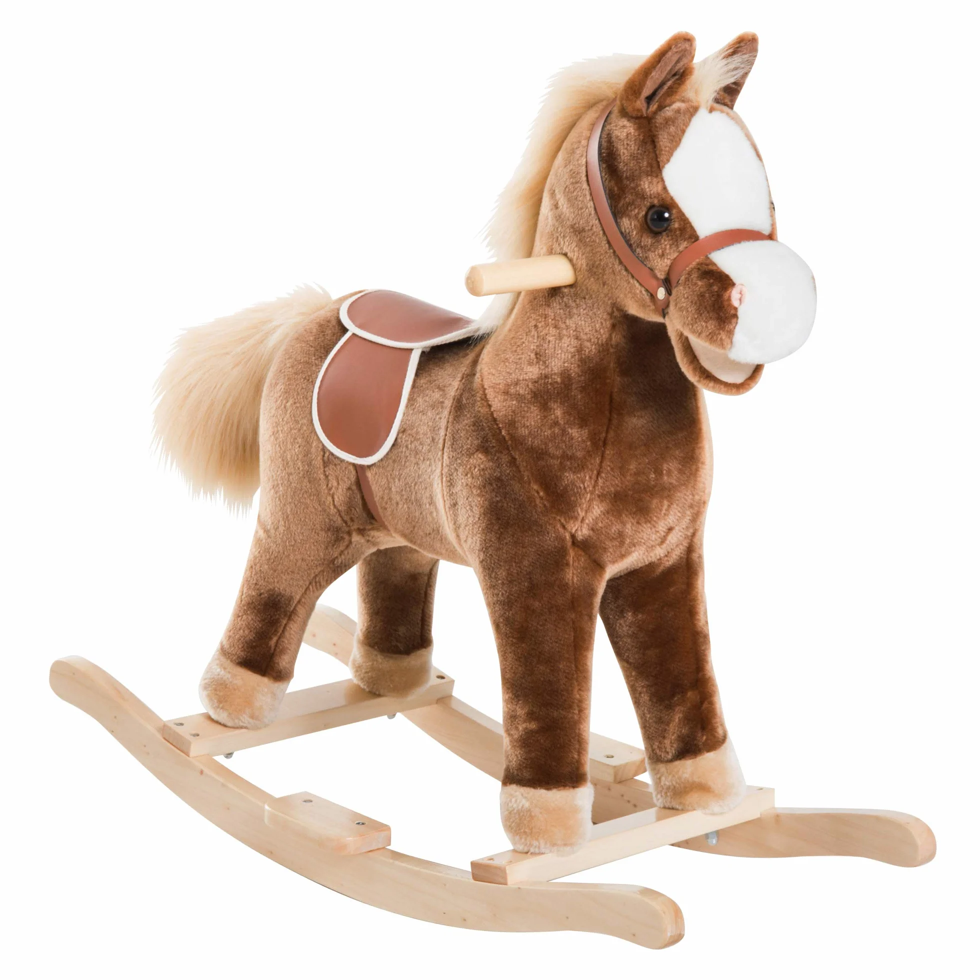 HOMCOM Cheval à Bascule Cowboy Selle Grand Confort Enfants 36+ Mois Peluche Douce Bois Peuplier 40 kg Brun Blanc
