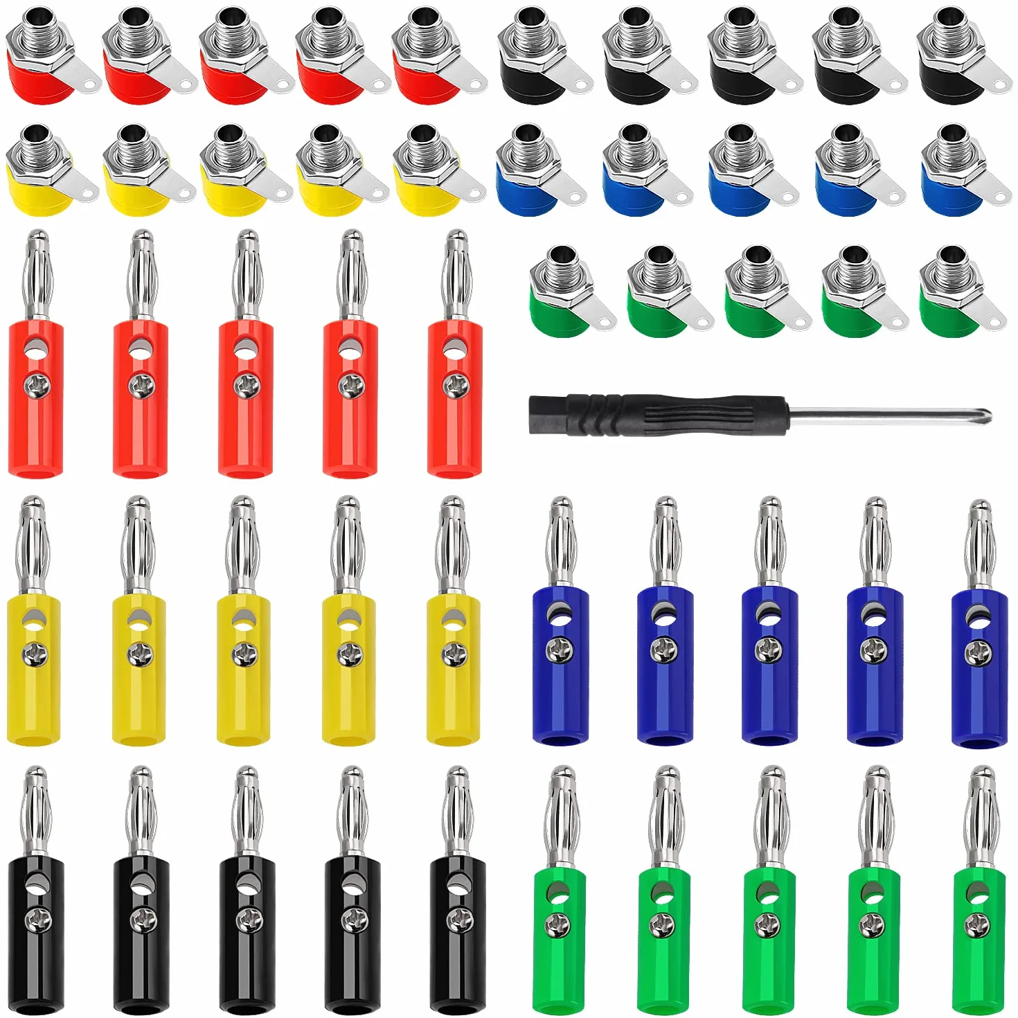 Lot de 50 fiches bananes femelles 4 mm pour haut-parleur avec tournevis 25 paires 5 couleurs