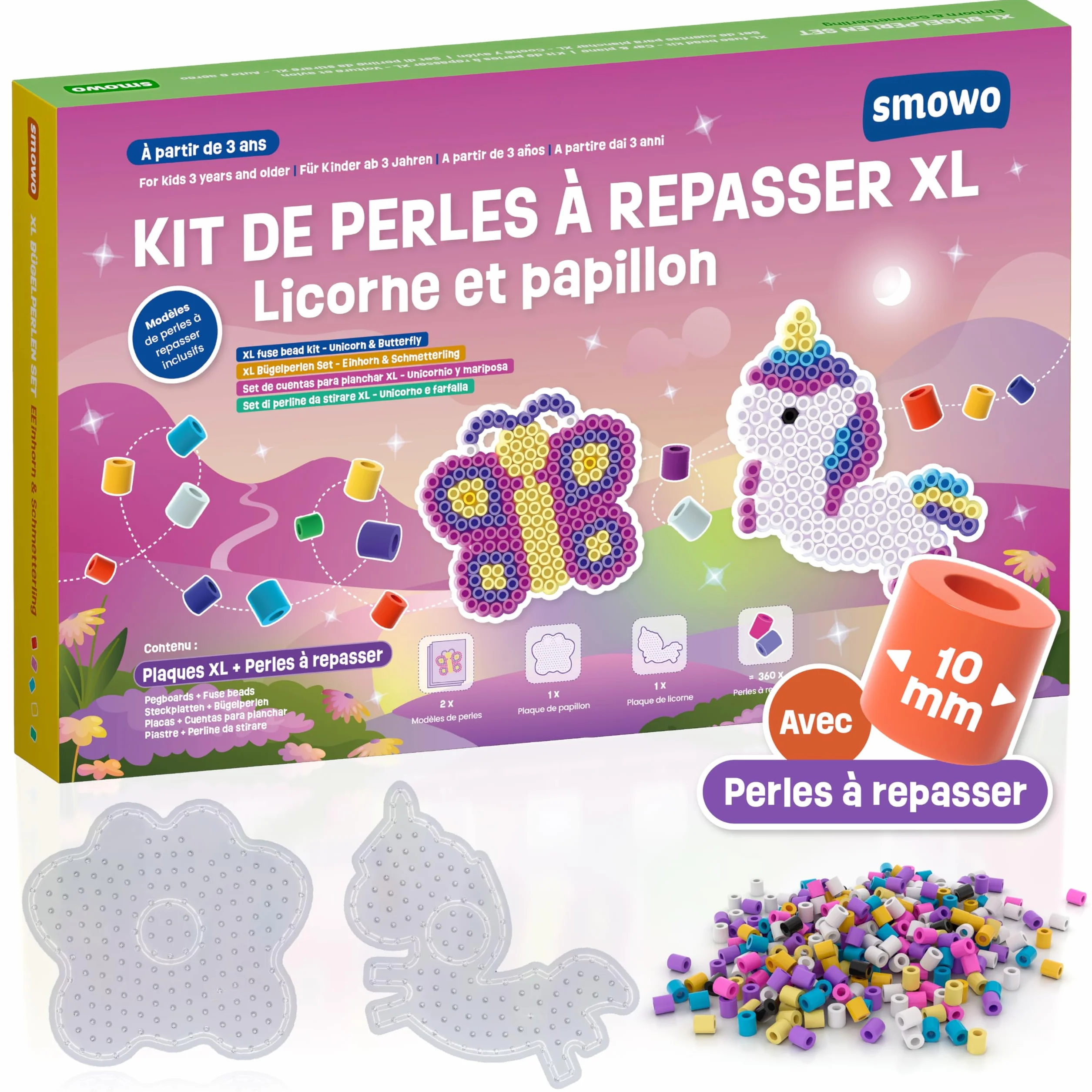 Smowo Kit de Perles à Repasser 10 mm avec Plaques Licorne et Papillon - Kit Créatif Grandes Plaques Maxi