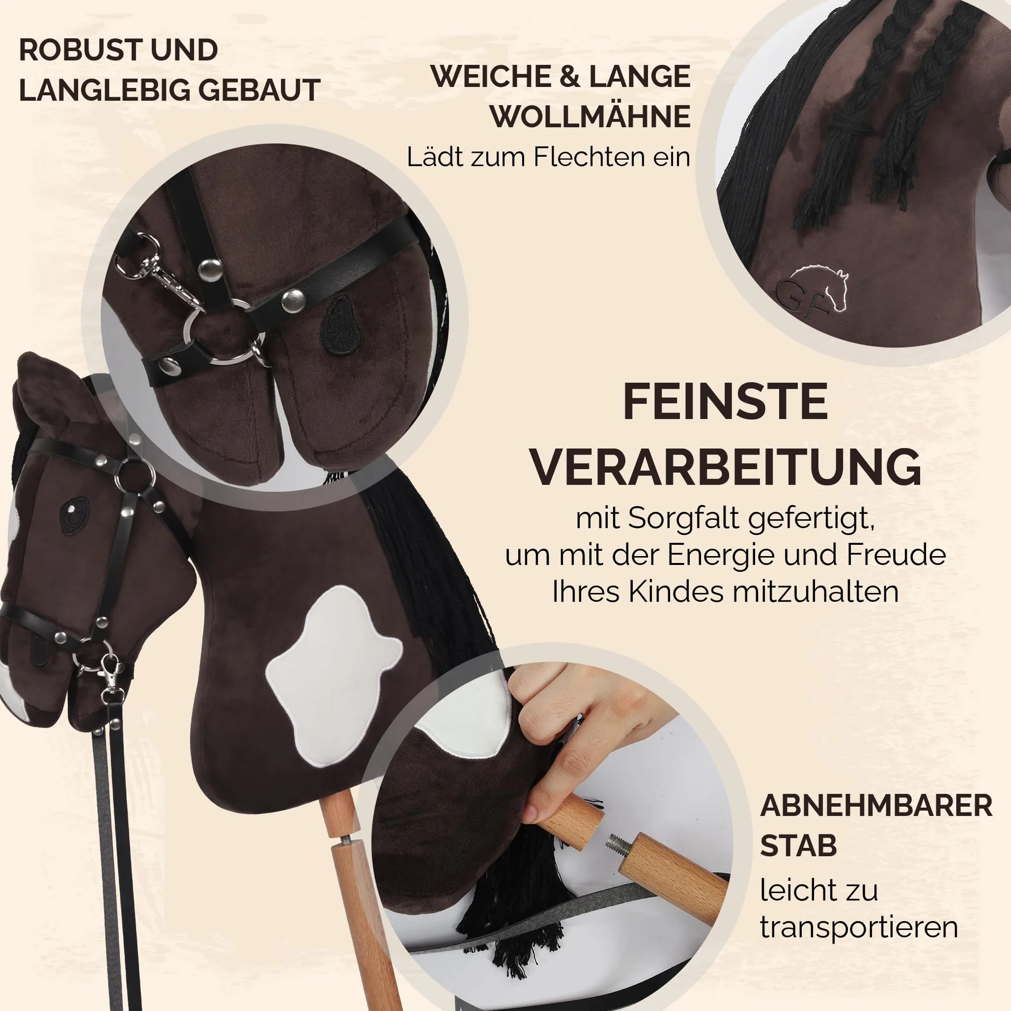 GaloppFreude Hobby Horse Grand cheval A3 avec tige de vis et bride - Cheval à cheval pour enfants avec crinière longue