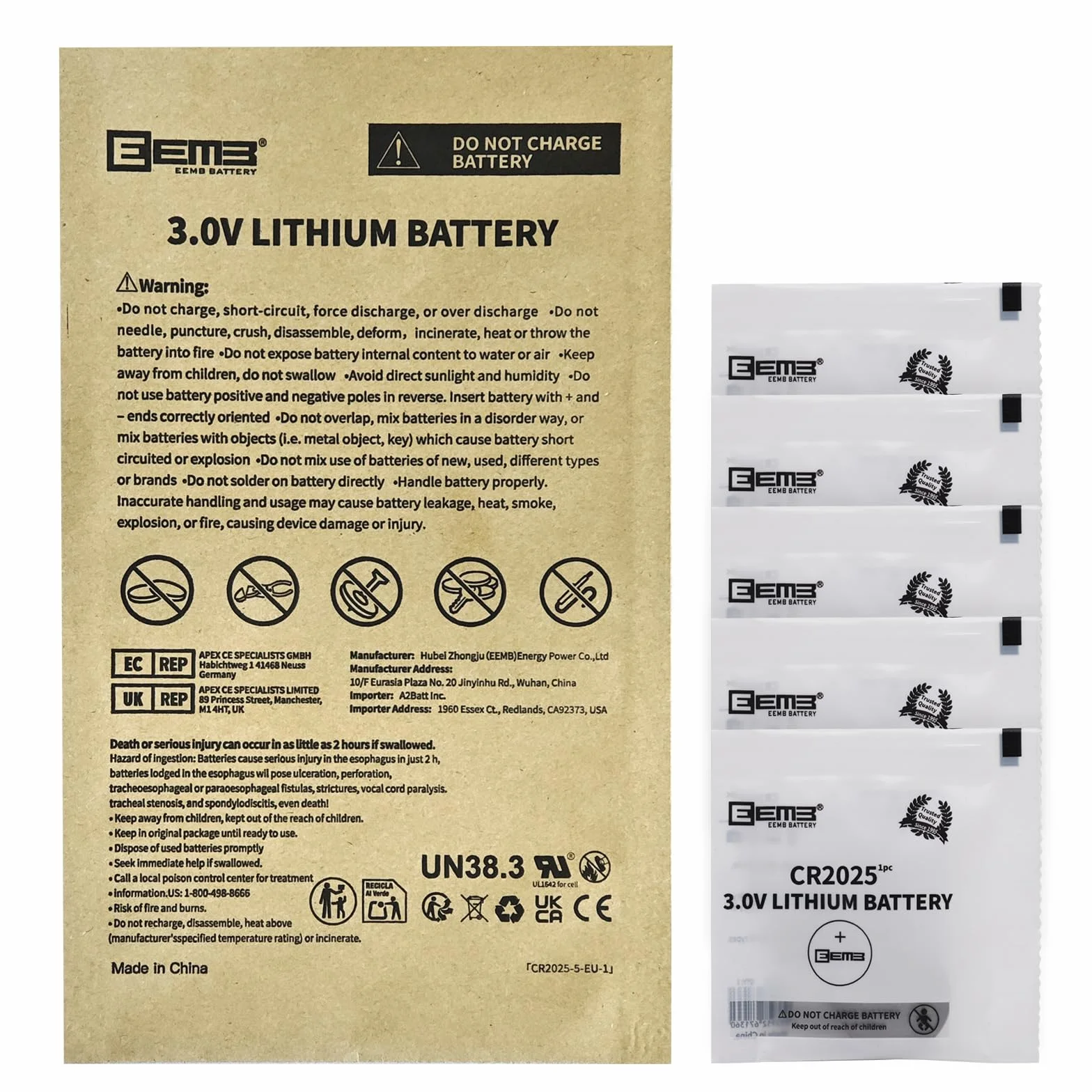 EEMB CR2025 Batterie au Lithium 3V Bouton Pile 5 Pack pour Key Fob, Montre
