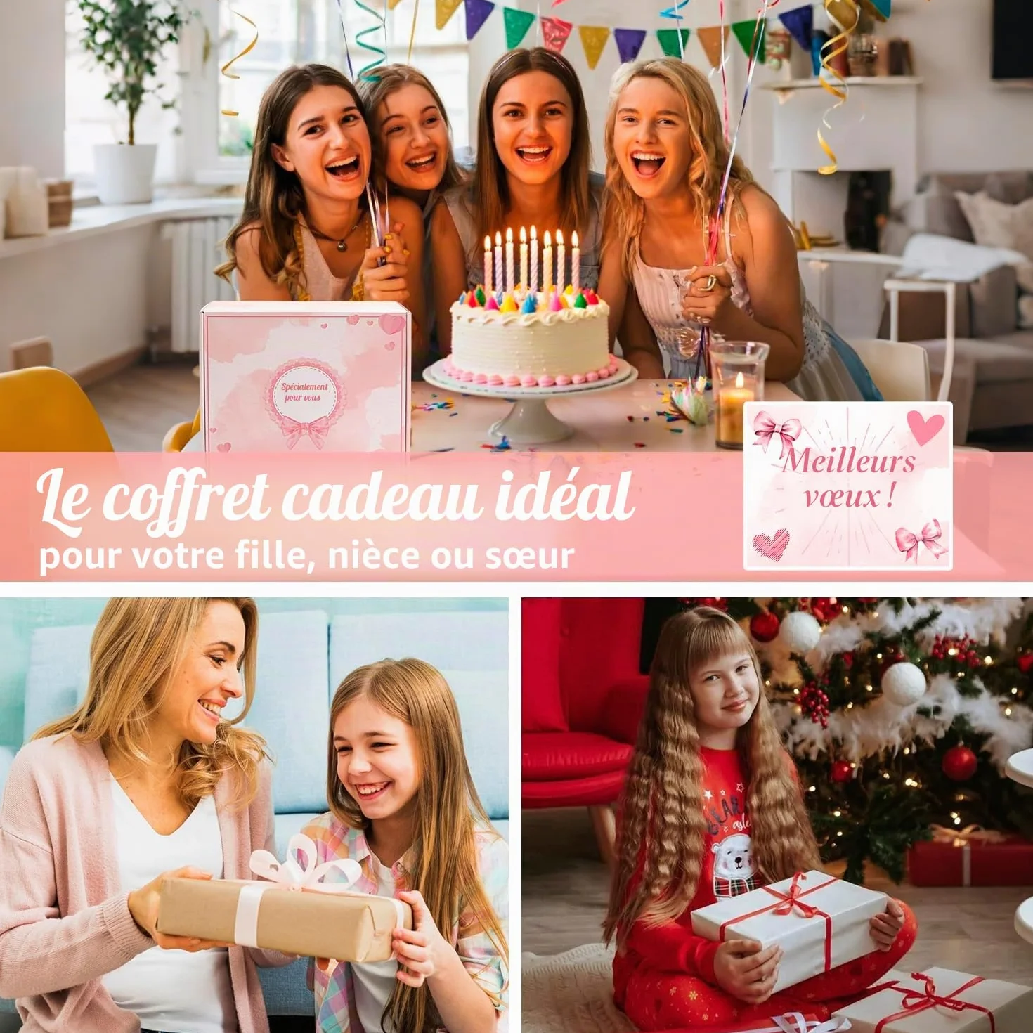 Cadeau Anniversaire Noël Fille Adolescent 9-16 Ans Tasse Verre Couvercle Pince Cheveux Pinceaux Maquillage Rose