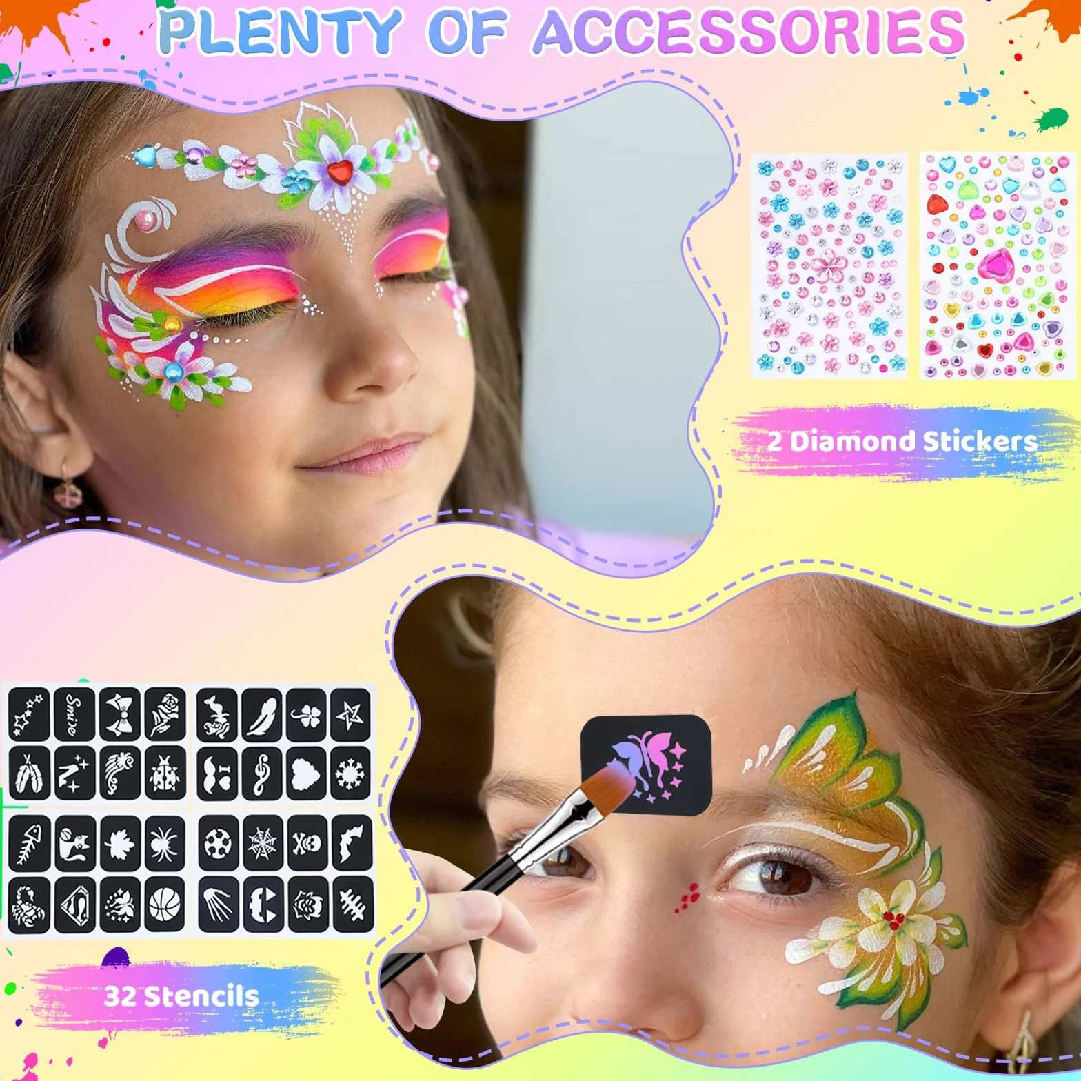 Kit de maquillage pour enfants 42 couleurs lavable visage avec pinceau pochoirs autocollants diamants Halloween carnaval