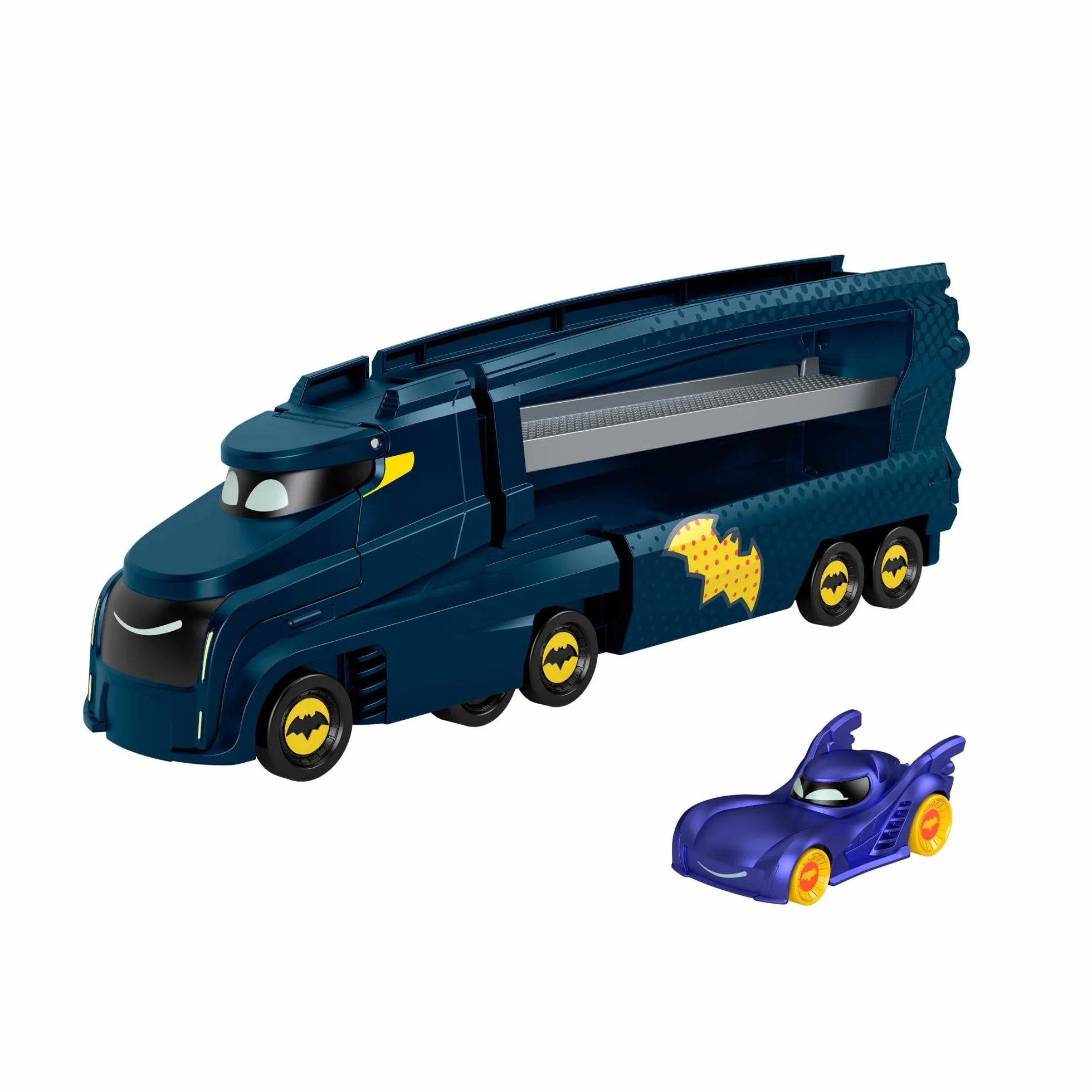 Fisher-Price Camion Transporteur Bat-Camion Batwheels DC Rampe Remorque 7 Véhicules Échelle 1/55 Jouet Enfant 3 Ans HMX07