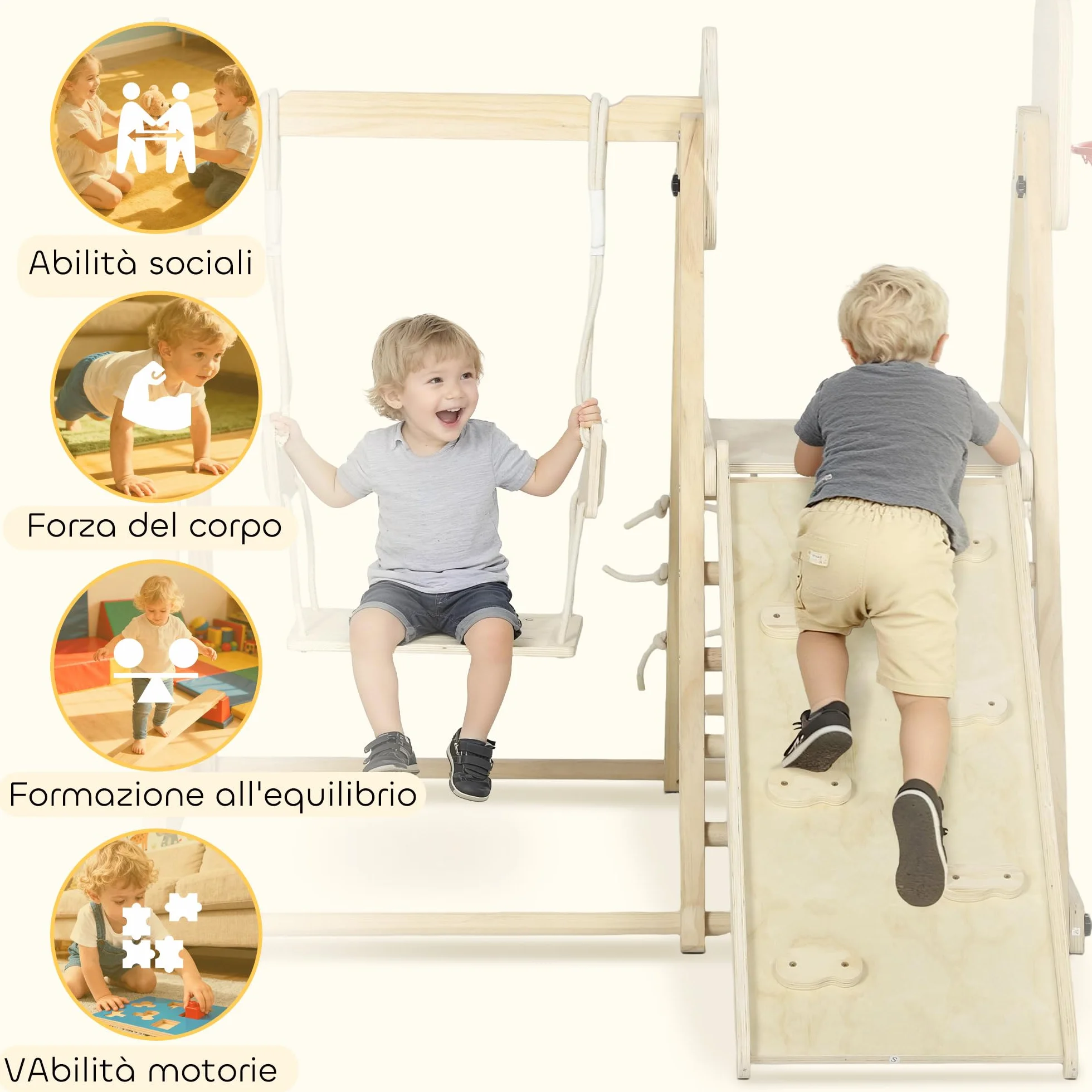 AIYAPLAY Toboggan 5 en 1 structure d'escalade en bois avec balançoire et panier de basket pour enfants 3-6 ans intérieur extérieur