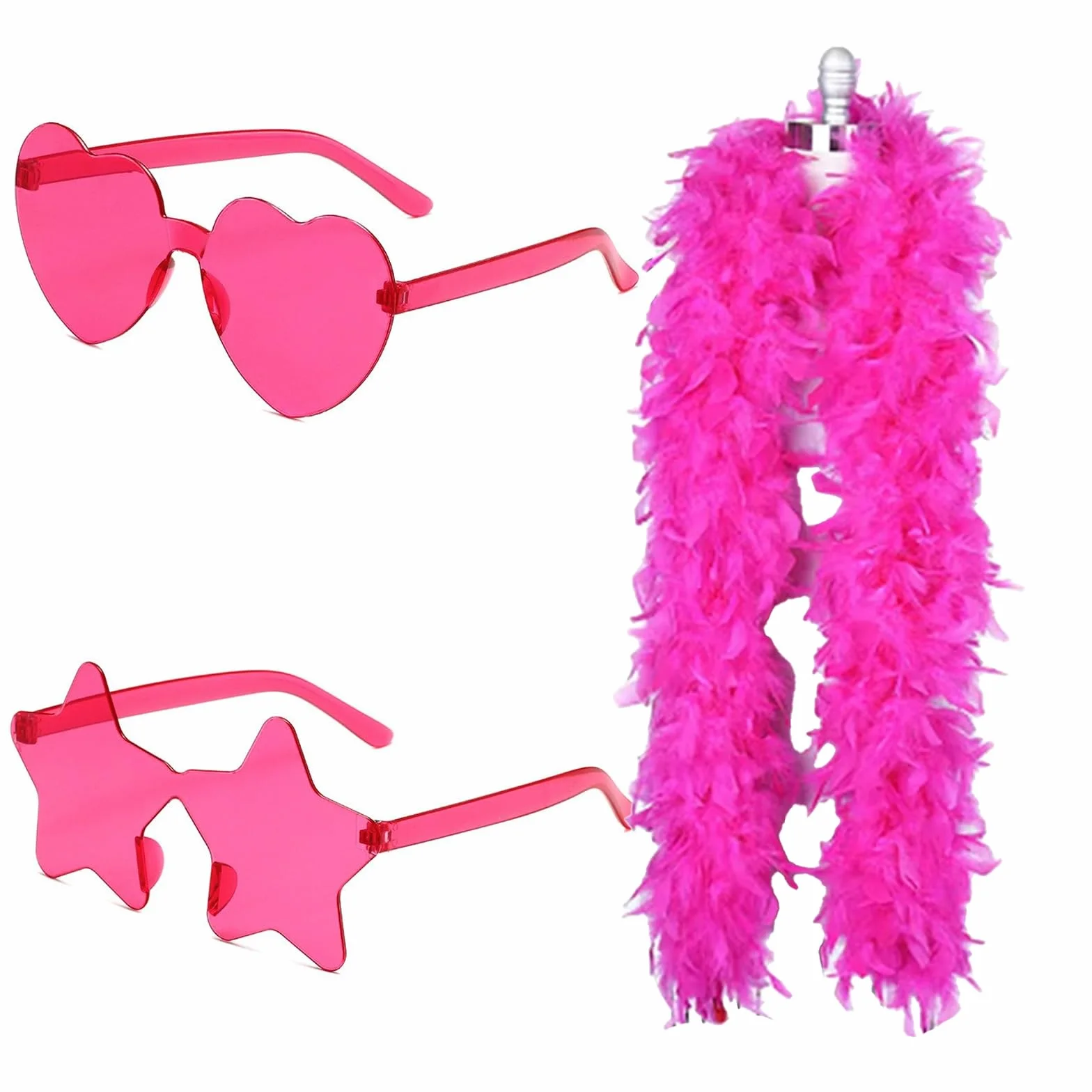 Boa en Plumes Roses avec Lunettes en Forme d'Étoiles et de Cœur, Déguisement Fête Carnaval Cosplay Halloween 200CM