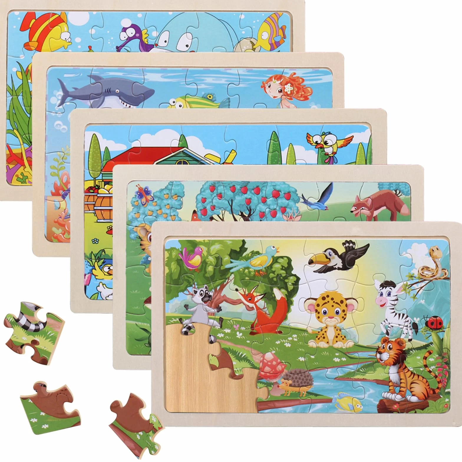 Puzzle Enfant 3 Ans 5 X 24 Pièces Bois Animaux Jouet Educatif Préscolaire pour Garçons Filles