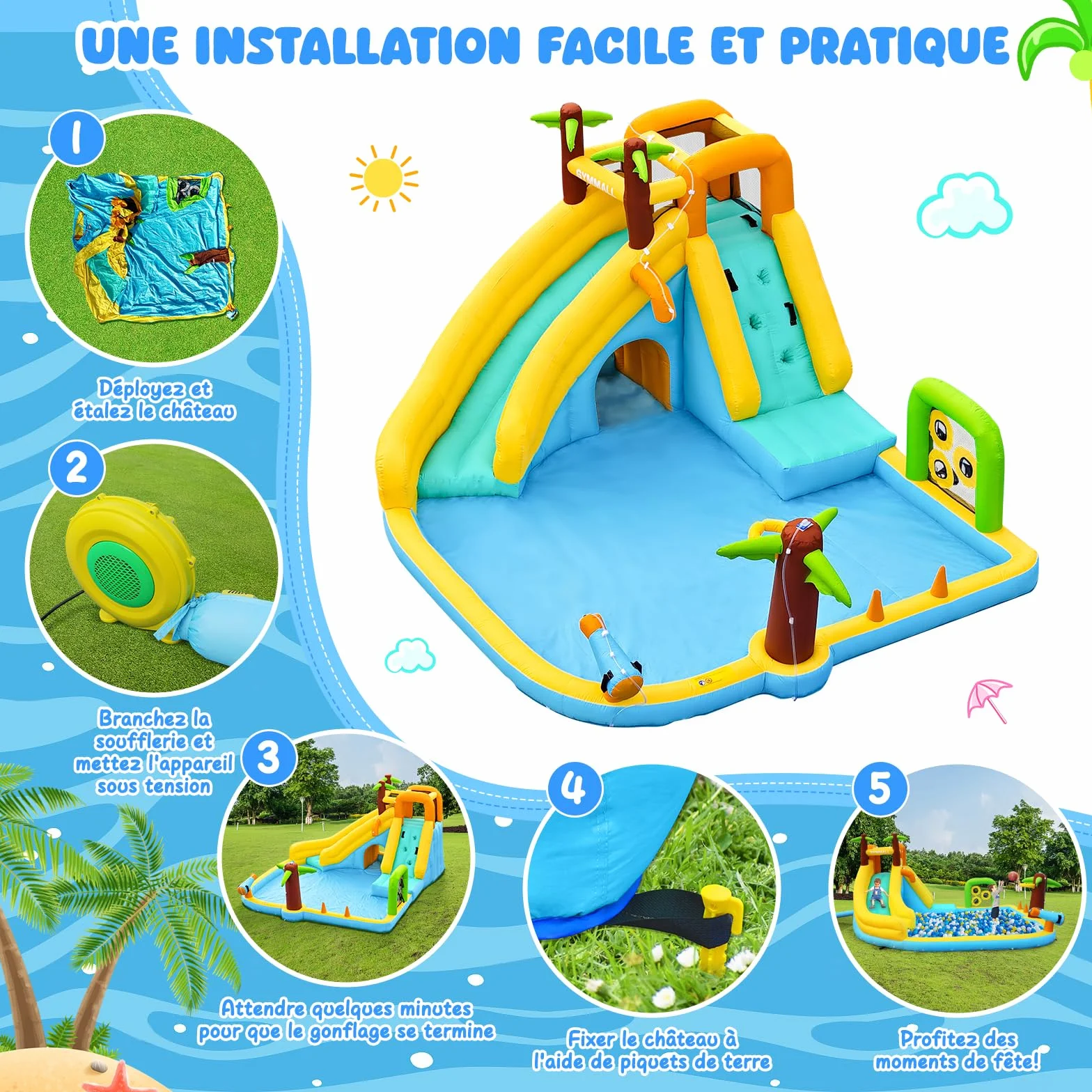 Château Gonflable à Eau 450W 10-en-1 Toboggan Aquatique pour Enfants avec Piscine et Glissade