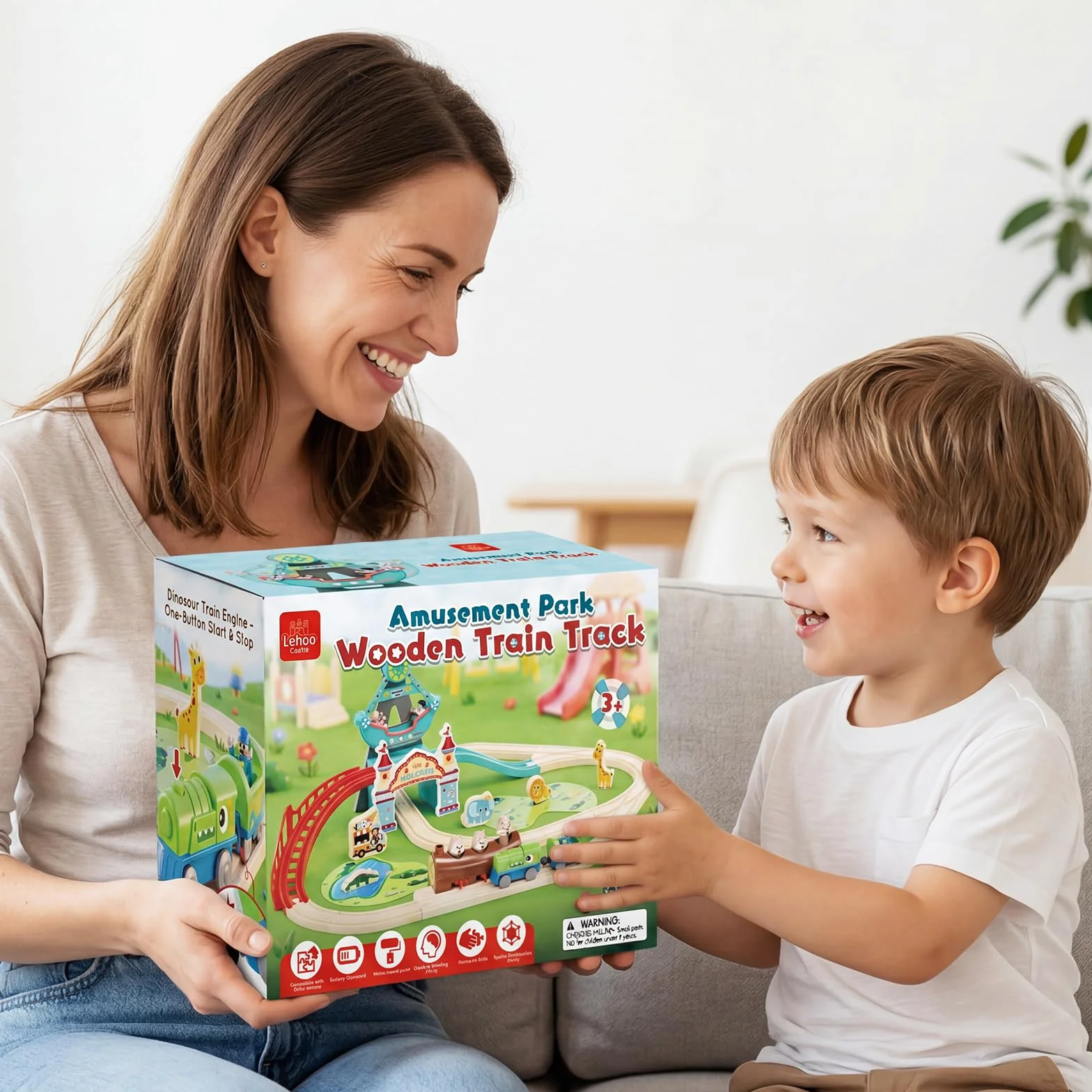 Lehoo Castle Train Électrique Enfant Bois Dinosaure Locomotive Cadeau Garçon Fille 3 Ans