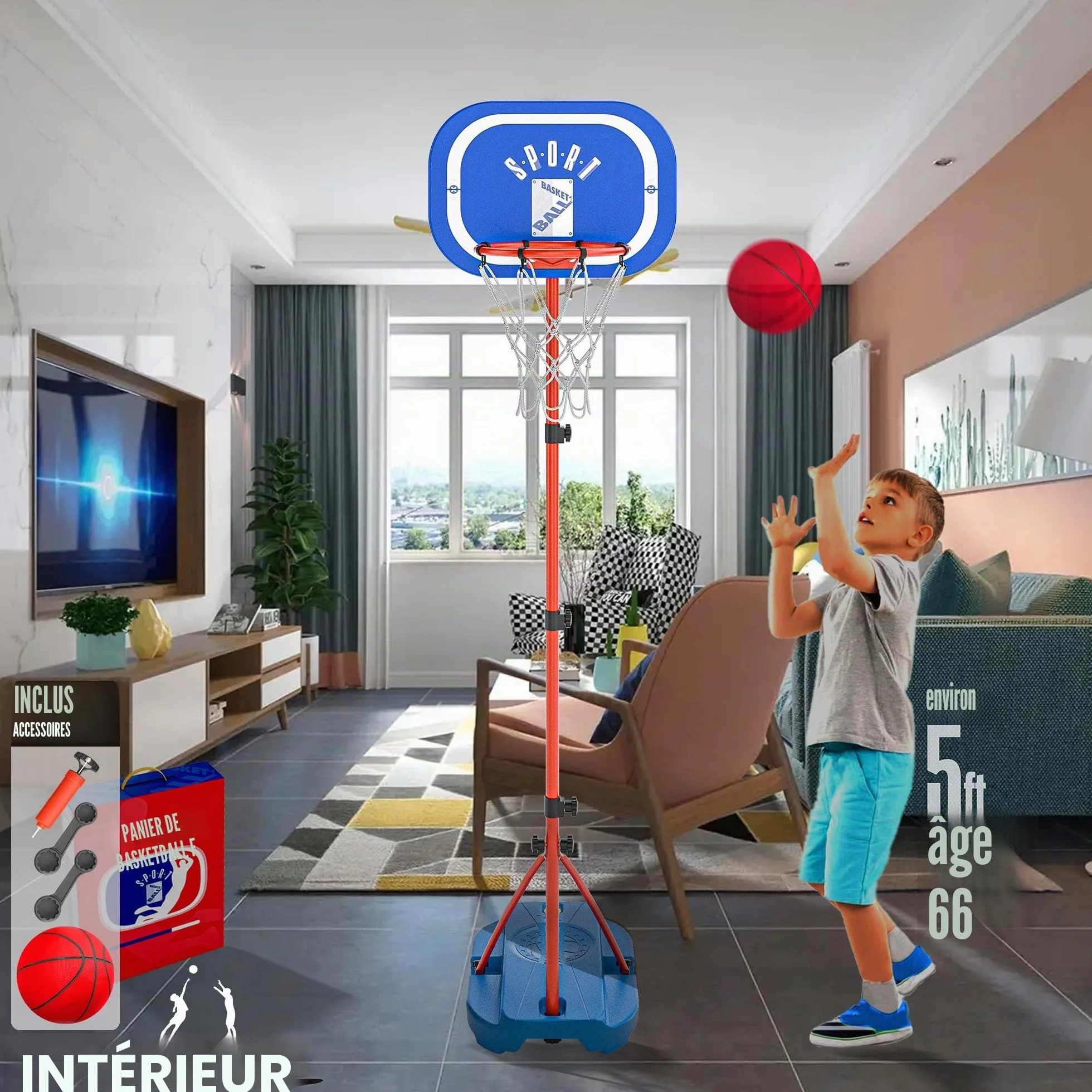 Panier de Basket-Ball avec Support, Hauteur réglable 110-190 cm, Jouet extérieur et intérieur pour Enfants