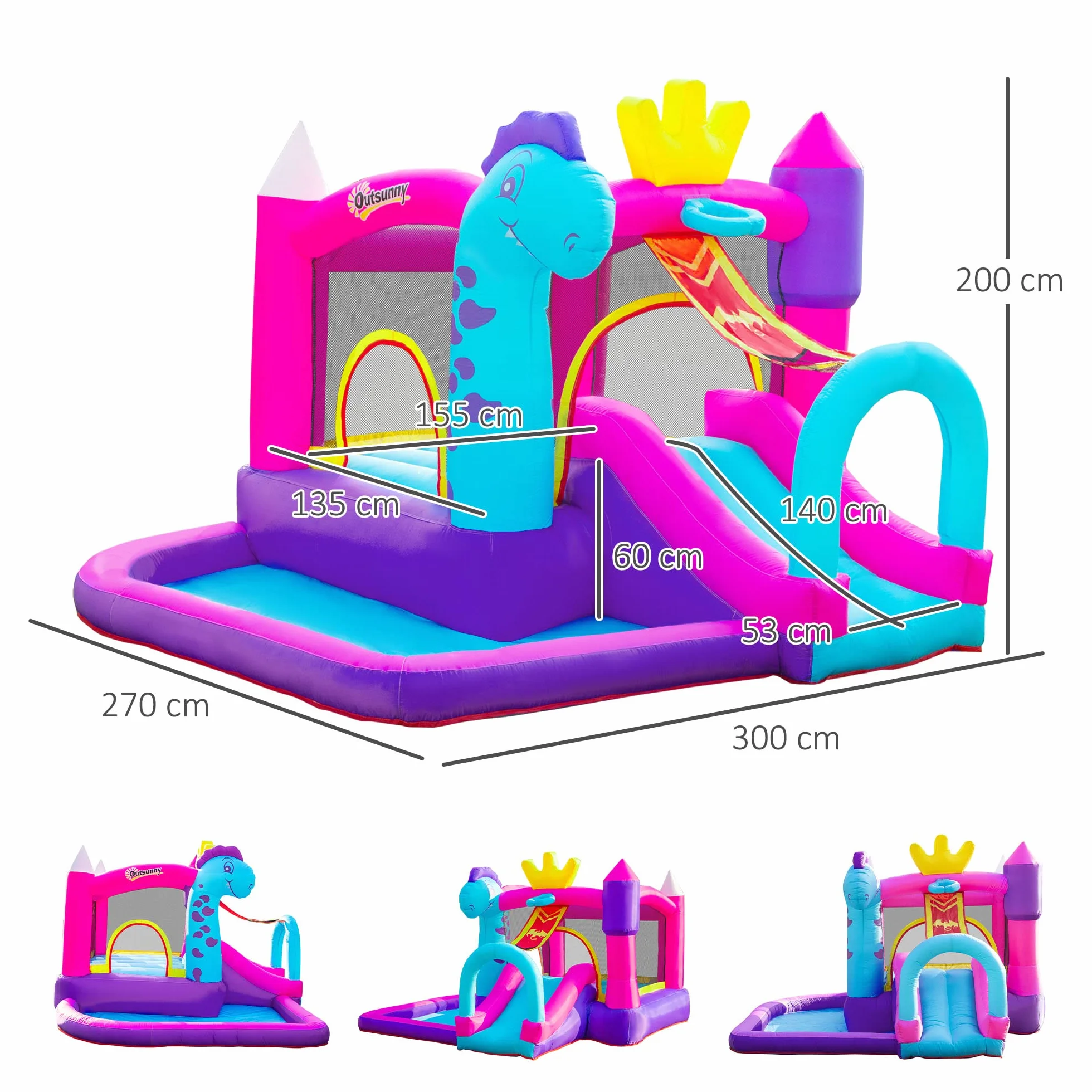 Outsunny Château Gonflable avec Toboggan, Trampoline et Piscine 300x270x200 cm 350W Souffleur Inclus