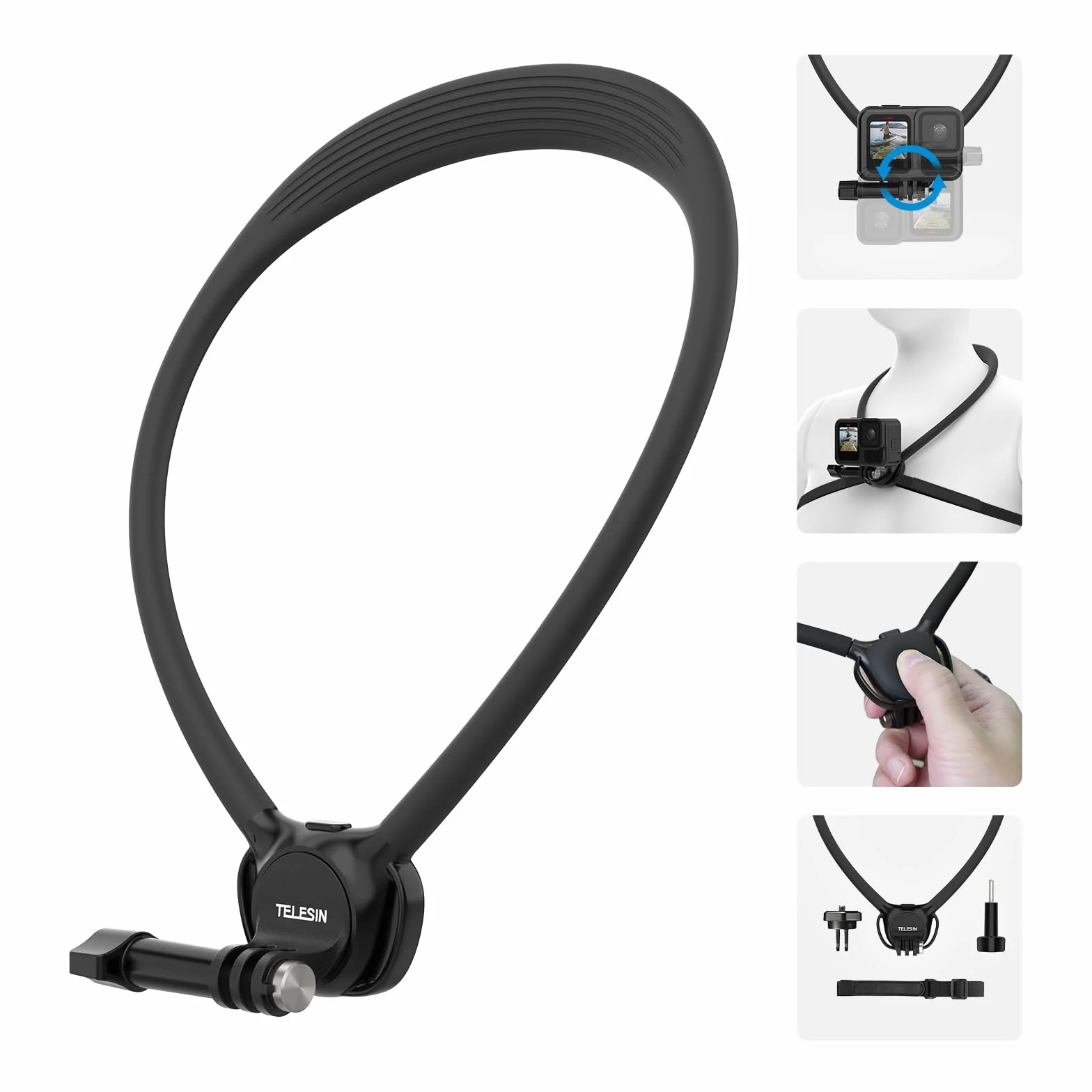 TELESIN SE 2.0 Support de Cou pour GoPro Hero 13 12 11, DJI Osmo Action 6/5/4, Insta360 X5 Ace Pro, avec Rotation et Sangle de Poitrine