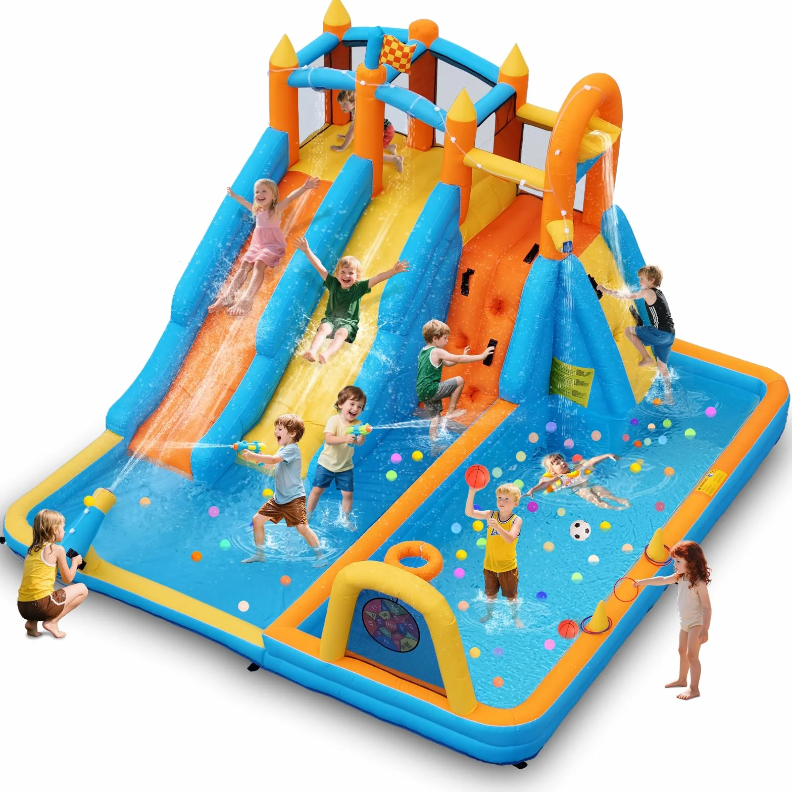 FOOING Château Aquatique Gonflable avec 2 Toboggans, Mur d'escalade, Panier de Basket et Filet de Sécurité pour Enfants