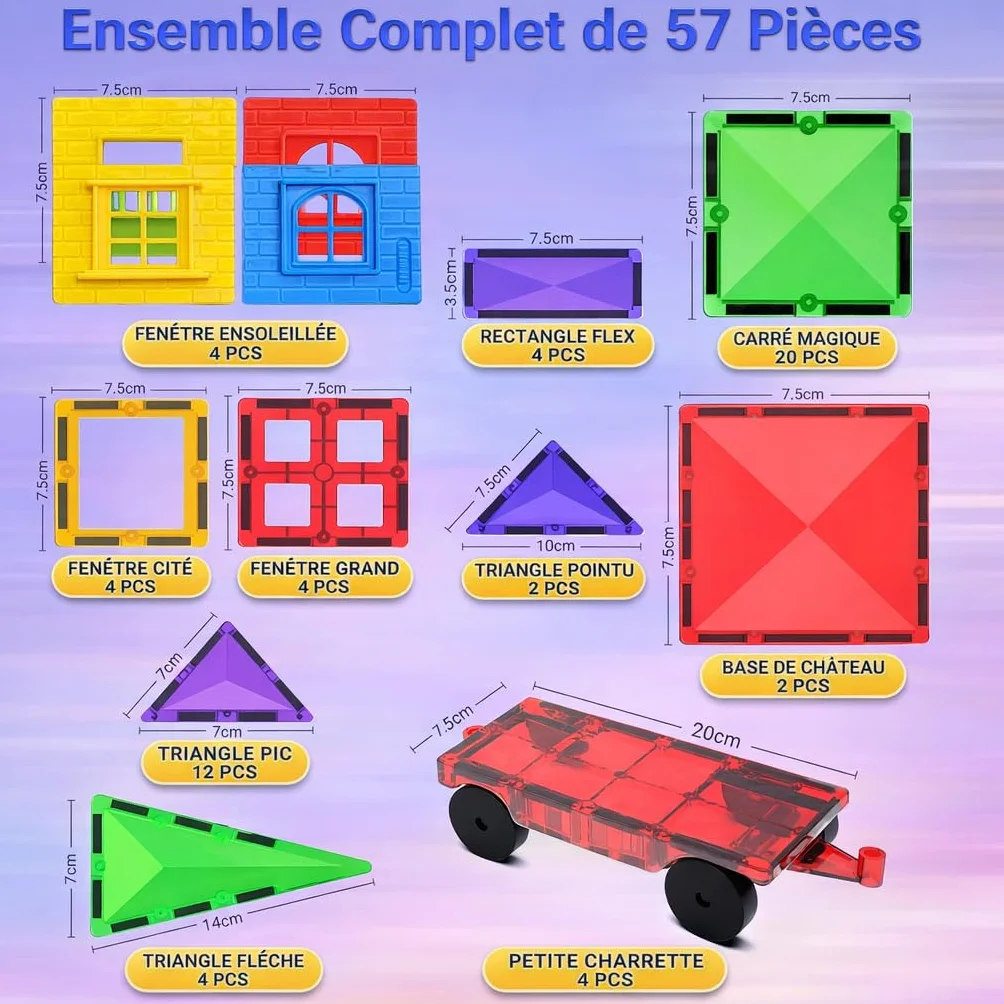Jeu de Blocs de Construction Magnétiques 57 Pièces STEM Montessori Enfants 3 Ans