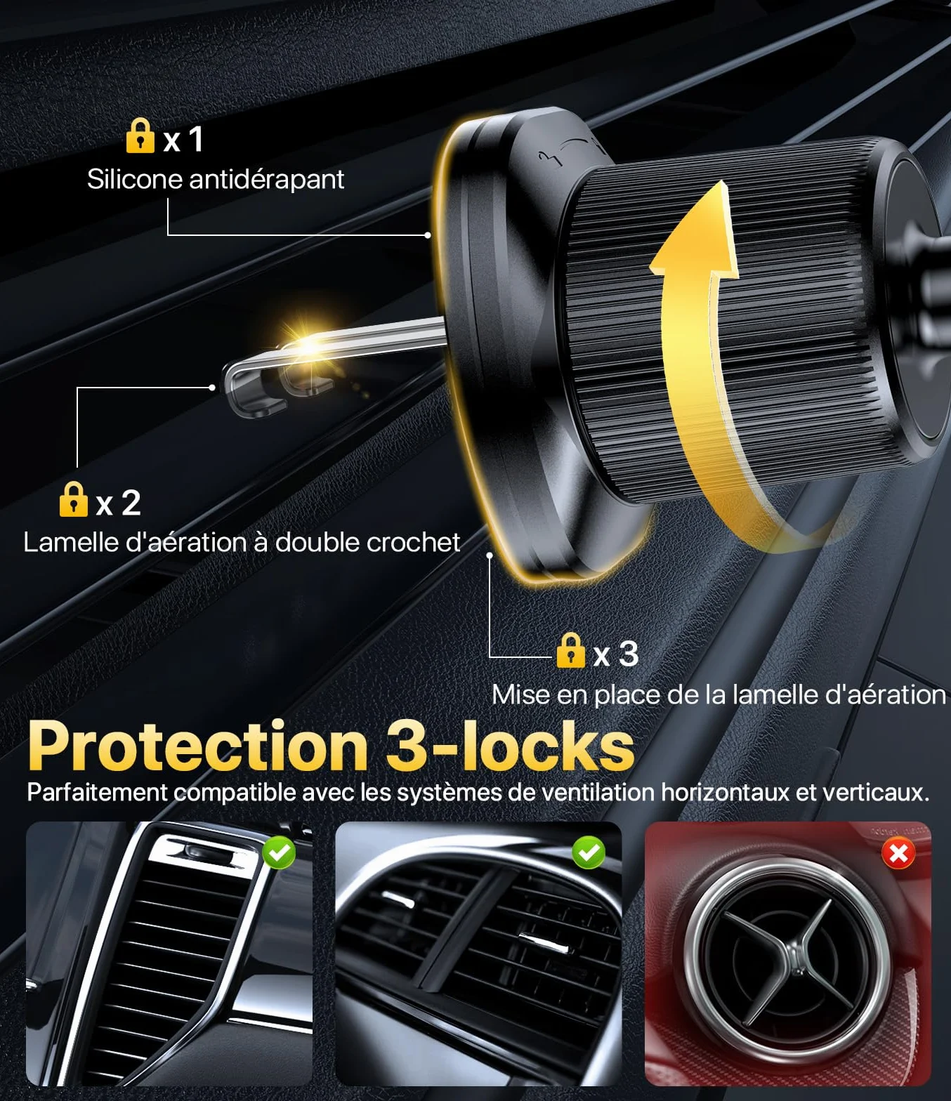 Miracase Support Téléphone Voiture Crochet Métallique Fort Bouche D'aération Rotation 360° Opération à Une Main 4.0''-7.0''