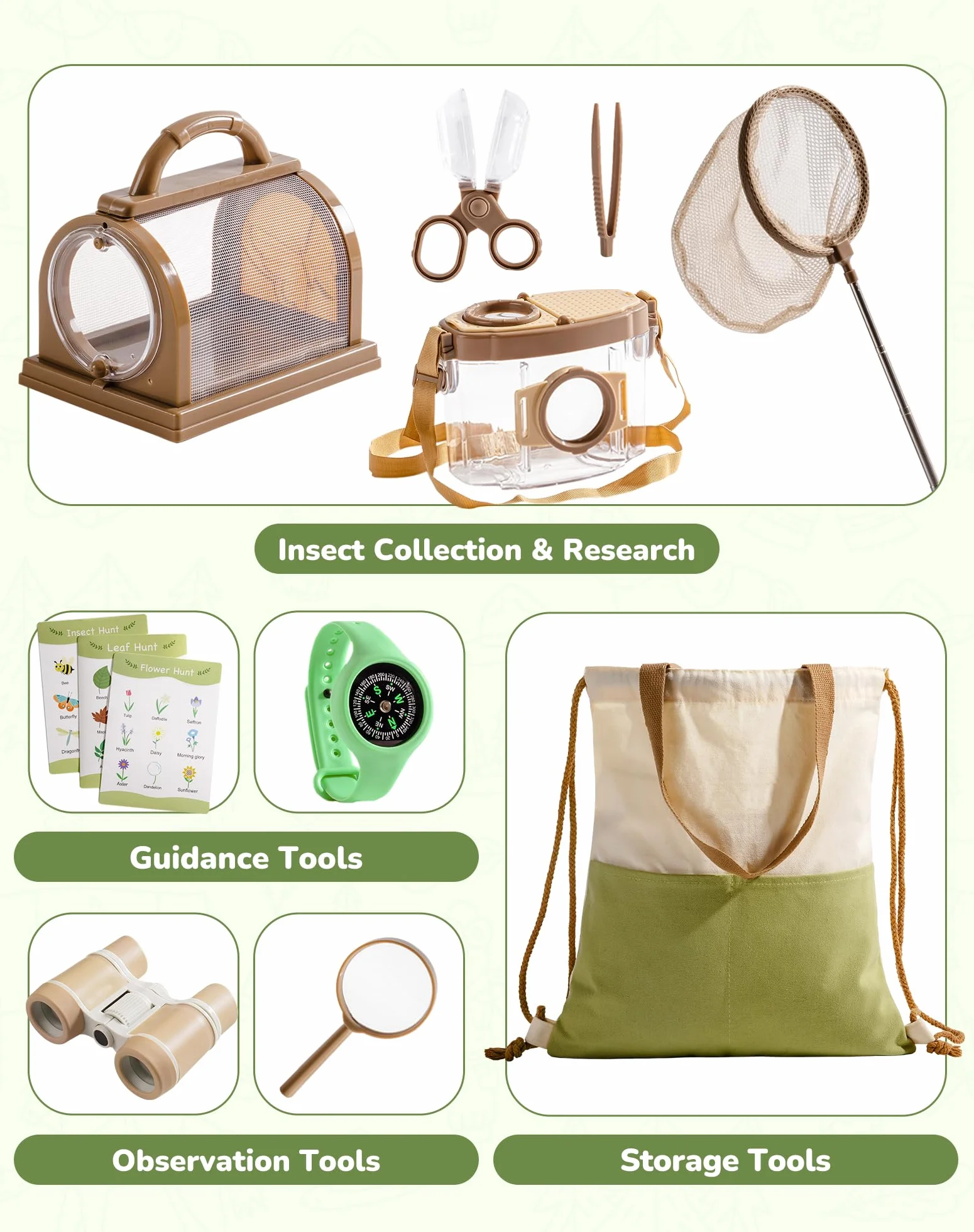 ROBOTIME Kit d'explorateur et attrape-insectes 12 en 1, ensemble d'aventure en plein air avec jumelles, filet à papillon, boîte à insectes, loupe