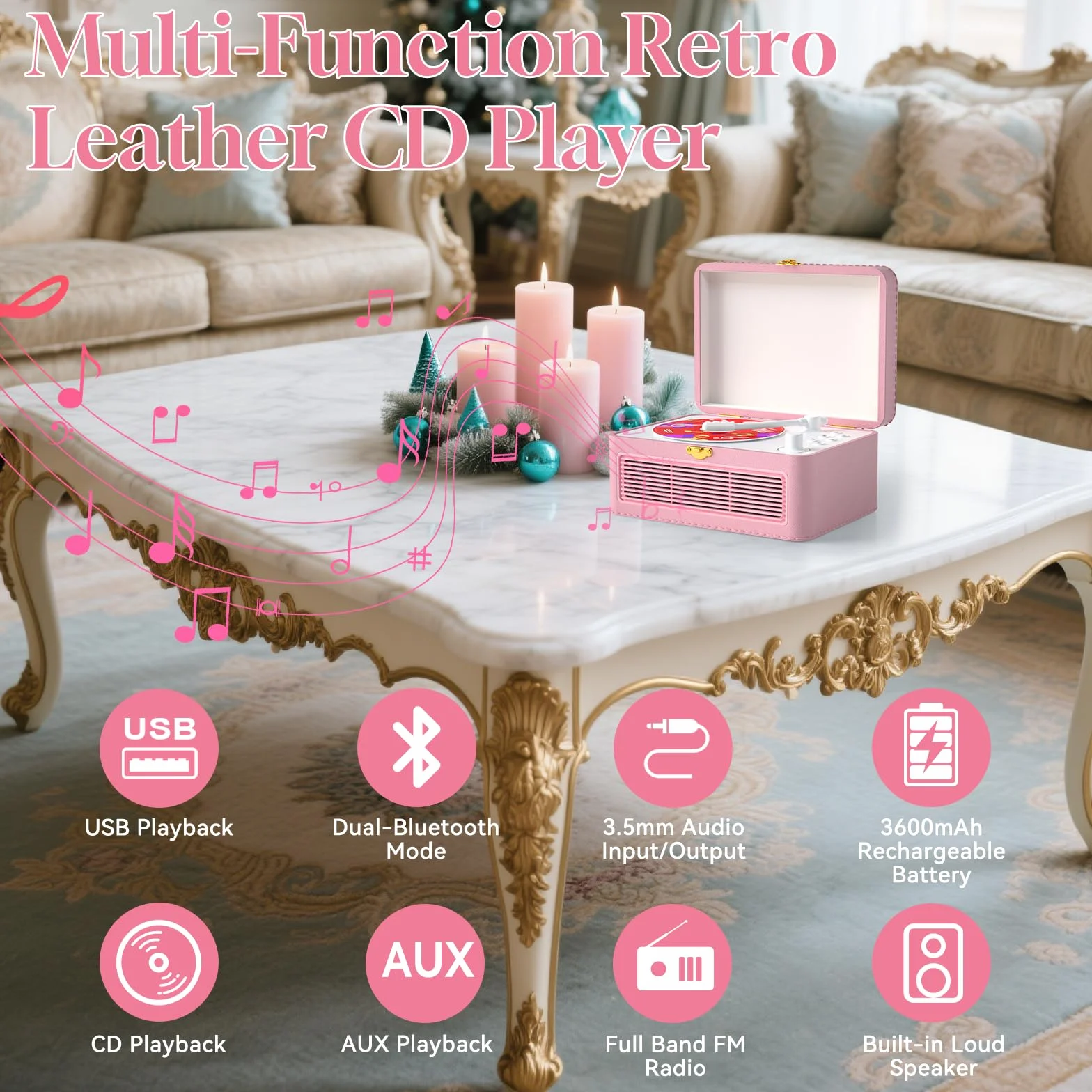 Lecteur CD Cuir Portable Bluetooth 3600mAh Rechargeable avec Haut-Parleurs, Support USB AUX, Télécommande, Design Valise Rétro Rose