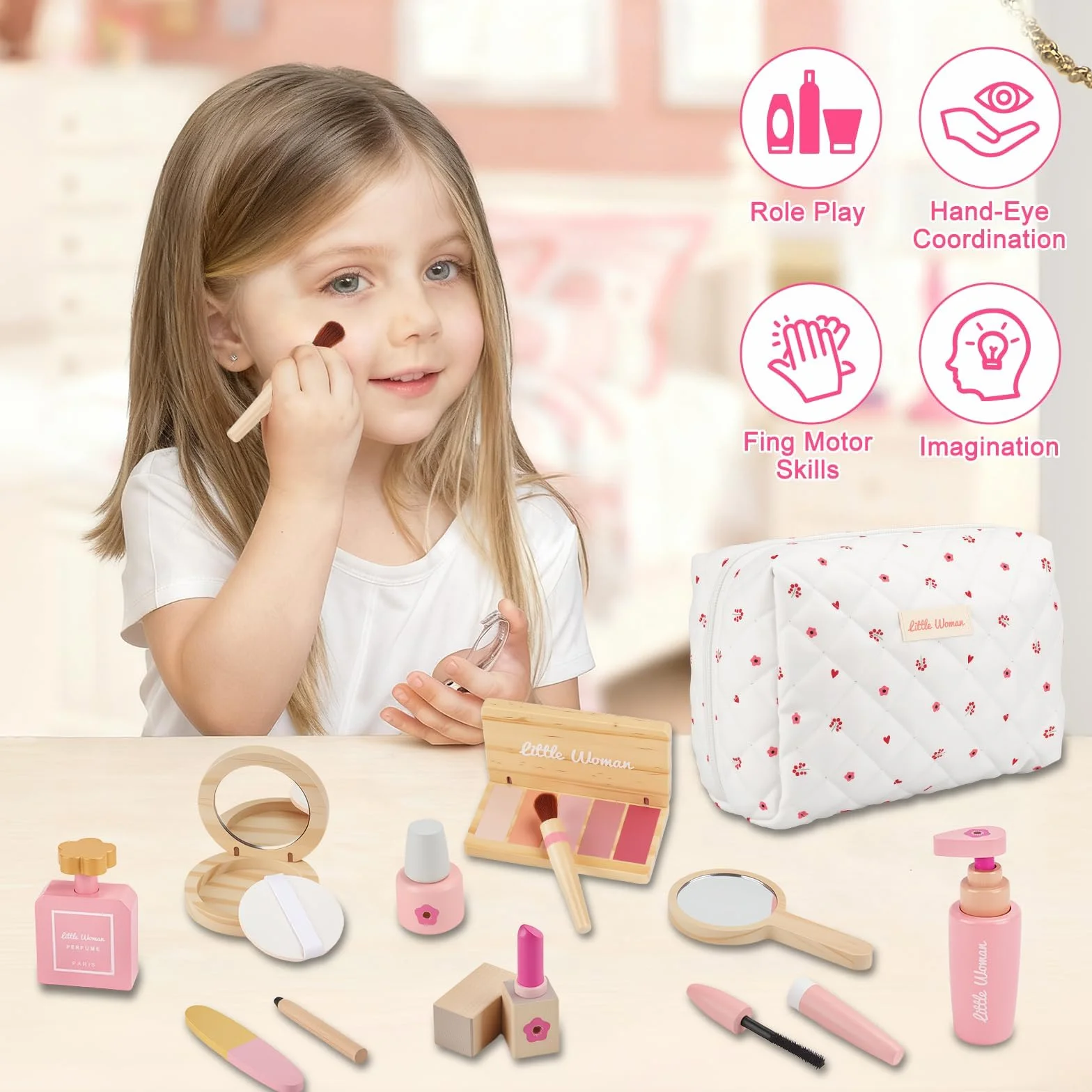 JOYBOY Faux Maquillage Enfant Fille en Bois, Coffret Jouet Maquillage pour Filles