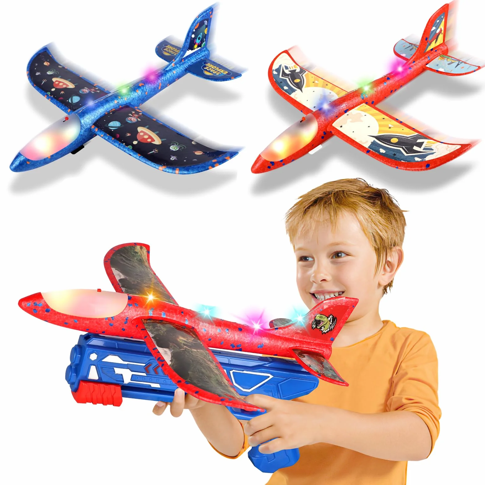 Avion Polystyrene Planeur avec Pistolet Catapulte, 3 Pièces Jouet Volant LED Enfant Exterieur Intérieur Cadeau Garçon Fille 3-10+ Ans