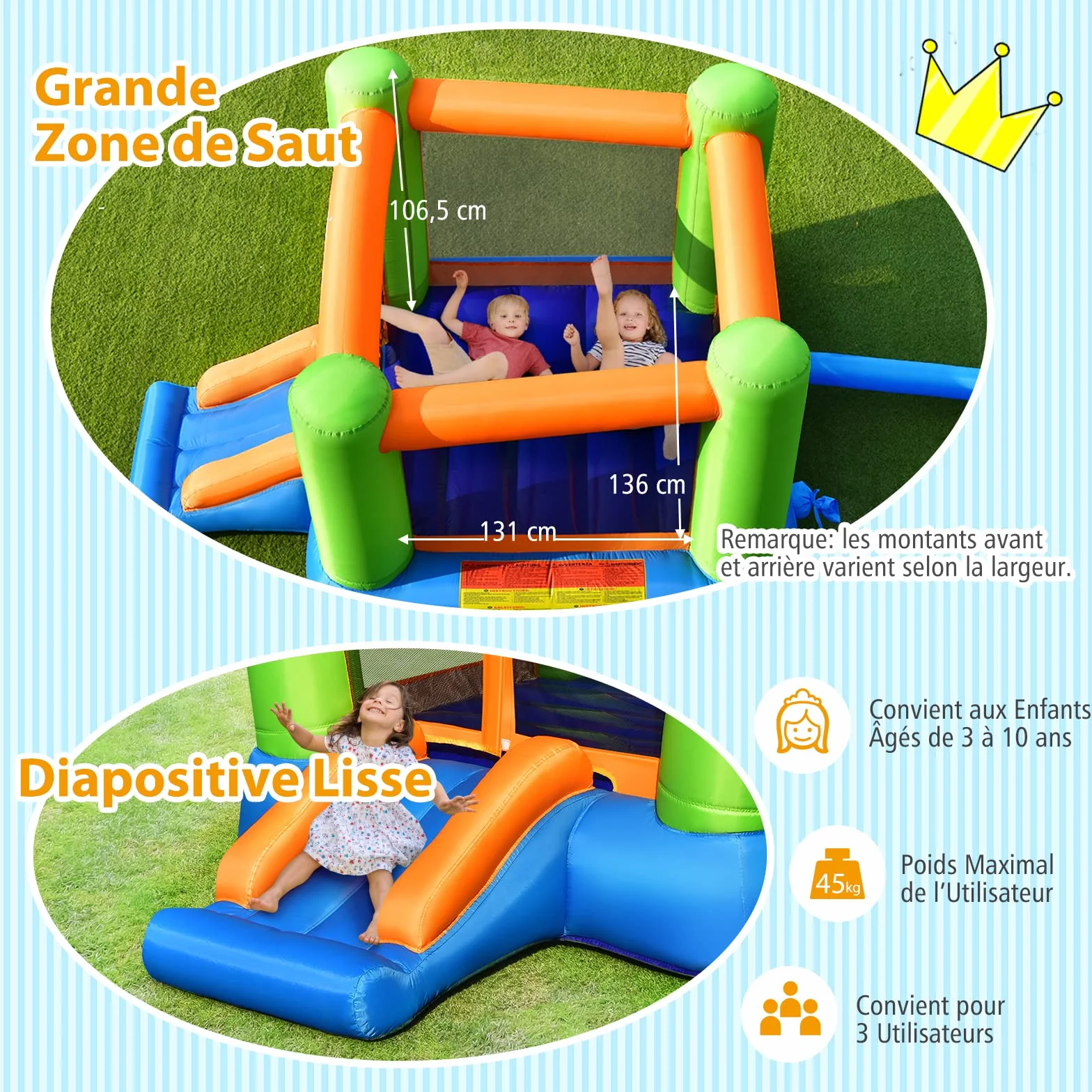 COSTWAY 2 en 1 Château Gonflable avec Toboggan, Aire de Jeux 250x197x143 cm