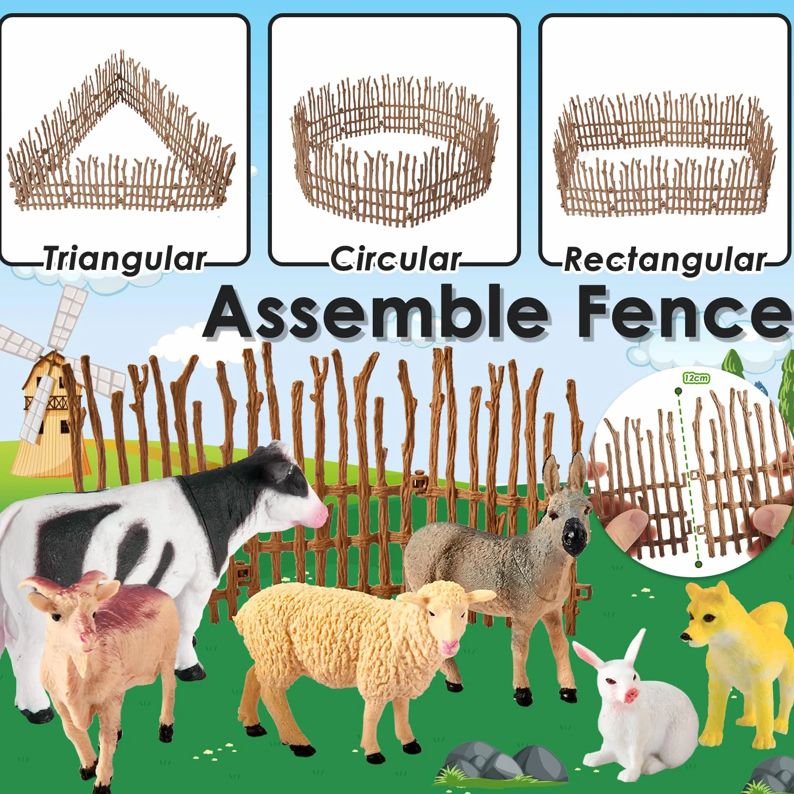 BUYGER 12 Figurines d'animaux de la Ferme Réalistes avec Clôture, Jouet Éducatif pour Enfants 3-6 Ans