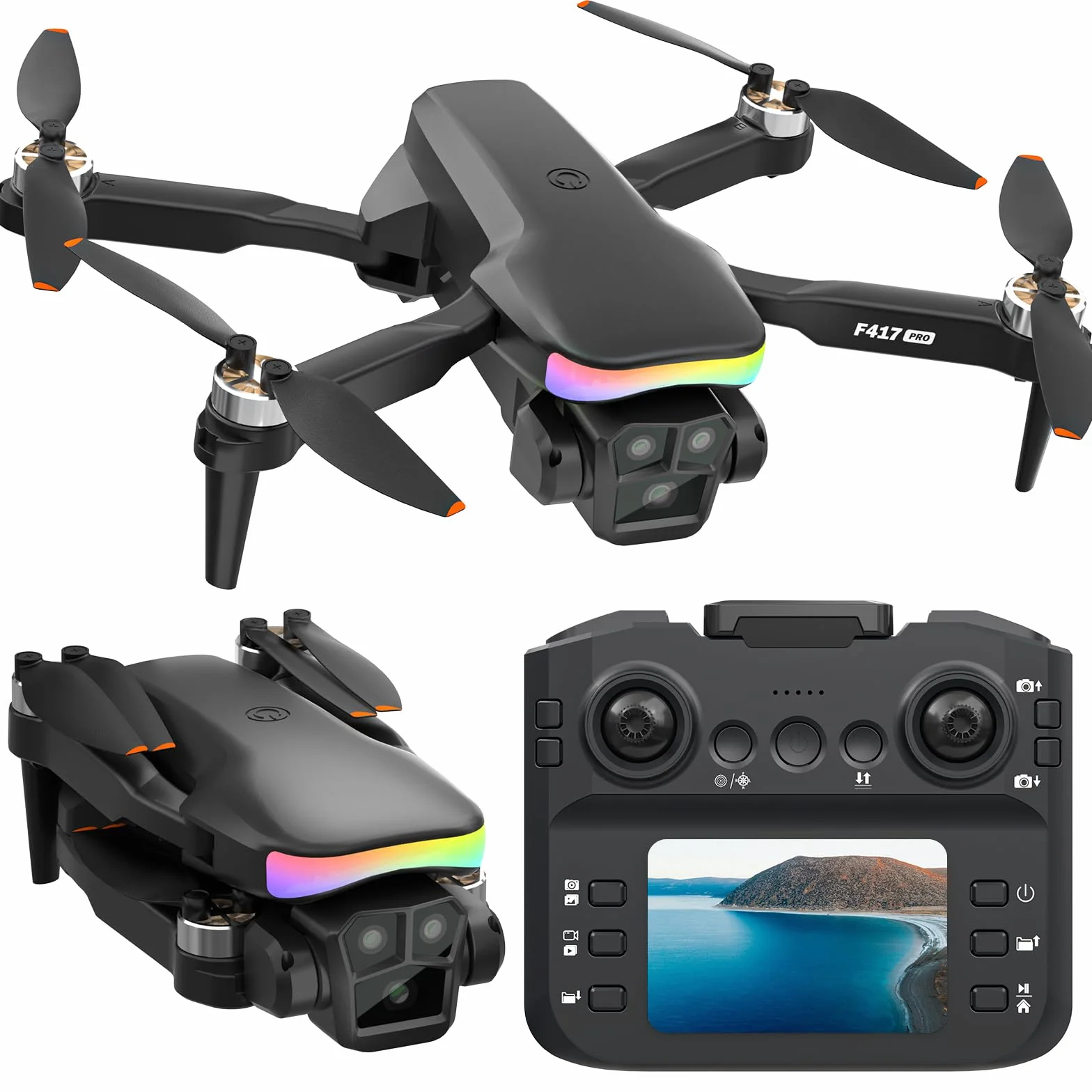F417PRO Drone avec Caméra 1080P, Mini Drone Double Objectif 90°, LED, Flux Optique, Batterie Modulaire, Sacoche