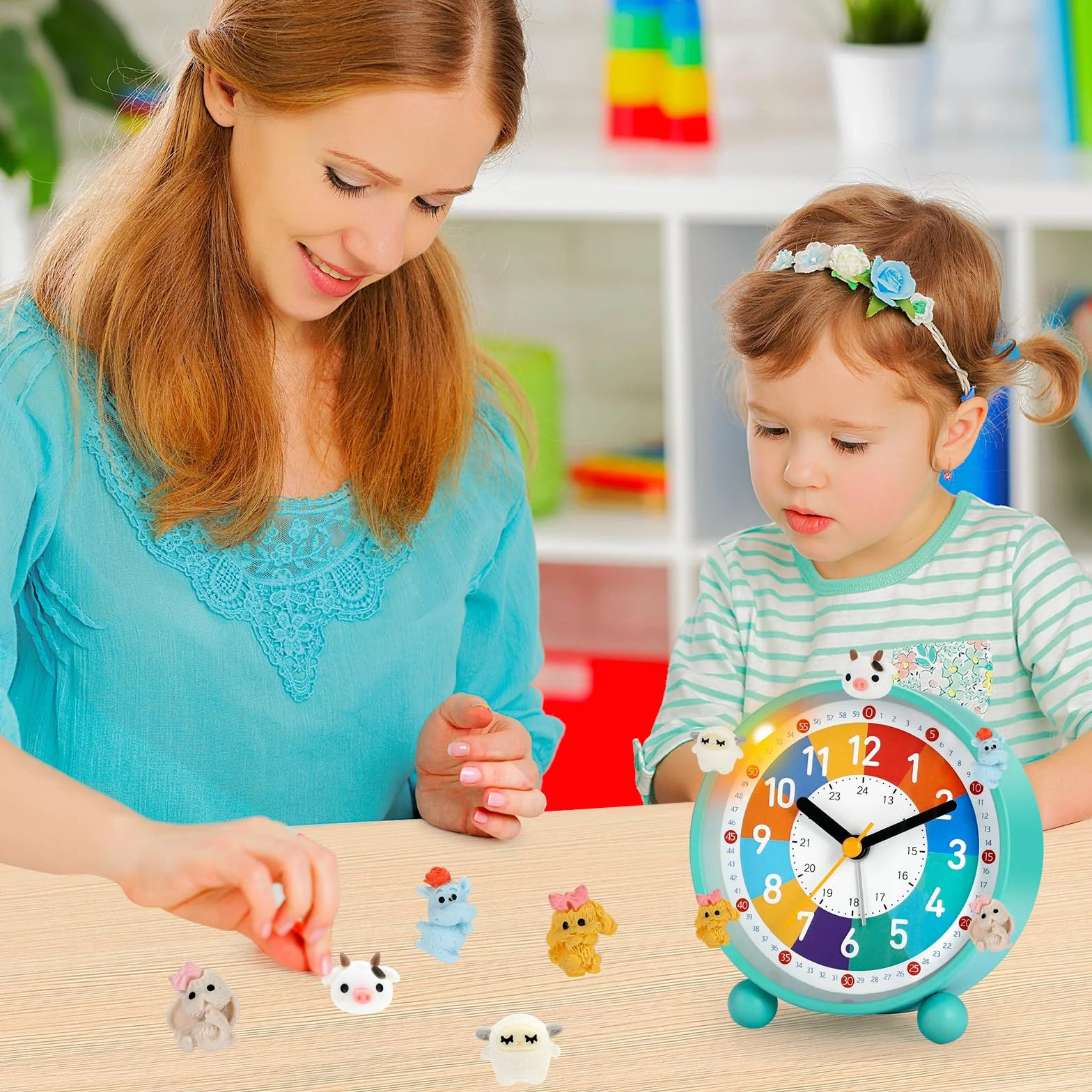 Reveil Enfant Educatif Jour/Nuit sans Tic-Tac avec Snooze et Veilleuse, 5 Decorations