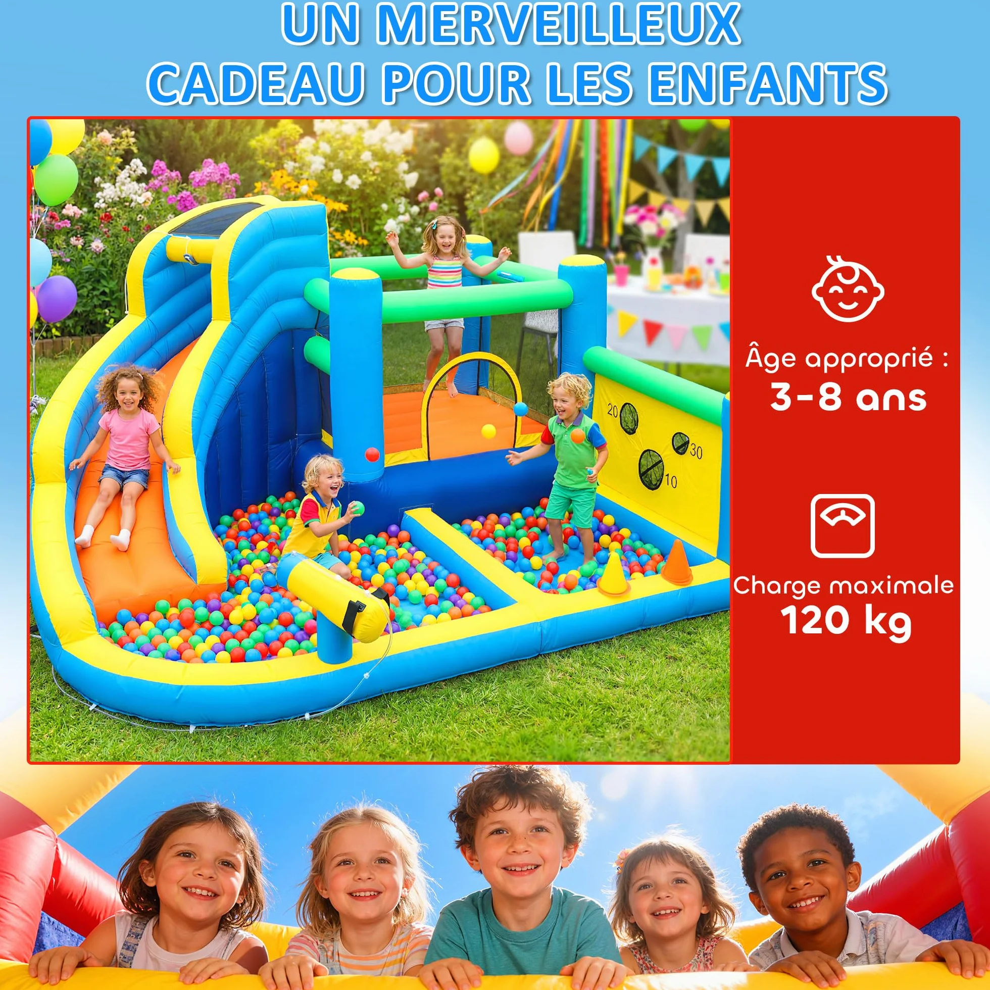 AIYAPLAY Château gonflable 8 en 1 350x320x190cm avec souffleur toboggan trampoline piscine à balles