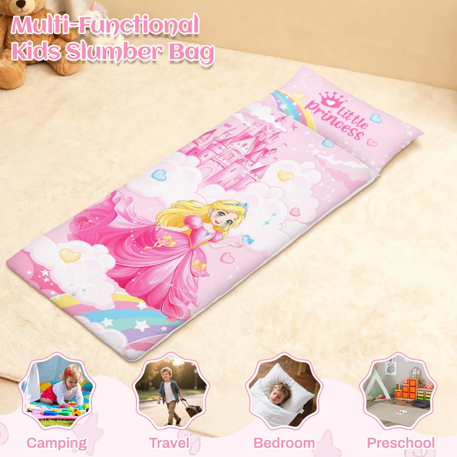 Sac Couchage Enfants 150x60cm avec Couverture et Oreiller Amovibles Léger Garcon Fille 3-7 Ans Voyage Camping