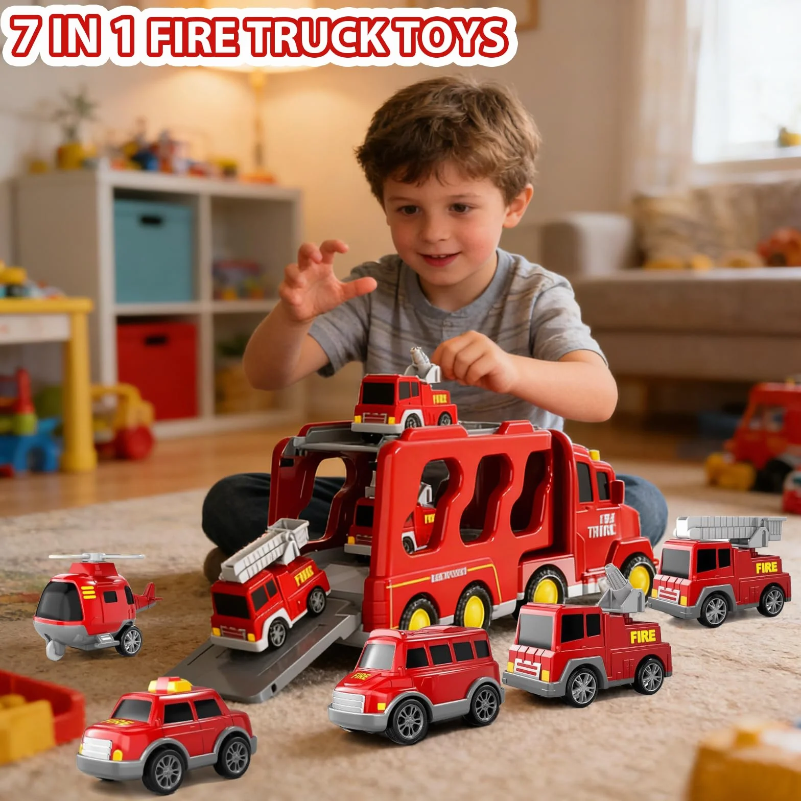 Camion Pompier Jouet 7 en 1 avec 6 Véhicules Sons et Lumières Transporteur à Friction pour Enfants 3-6 Ans
