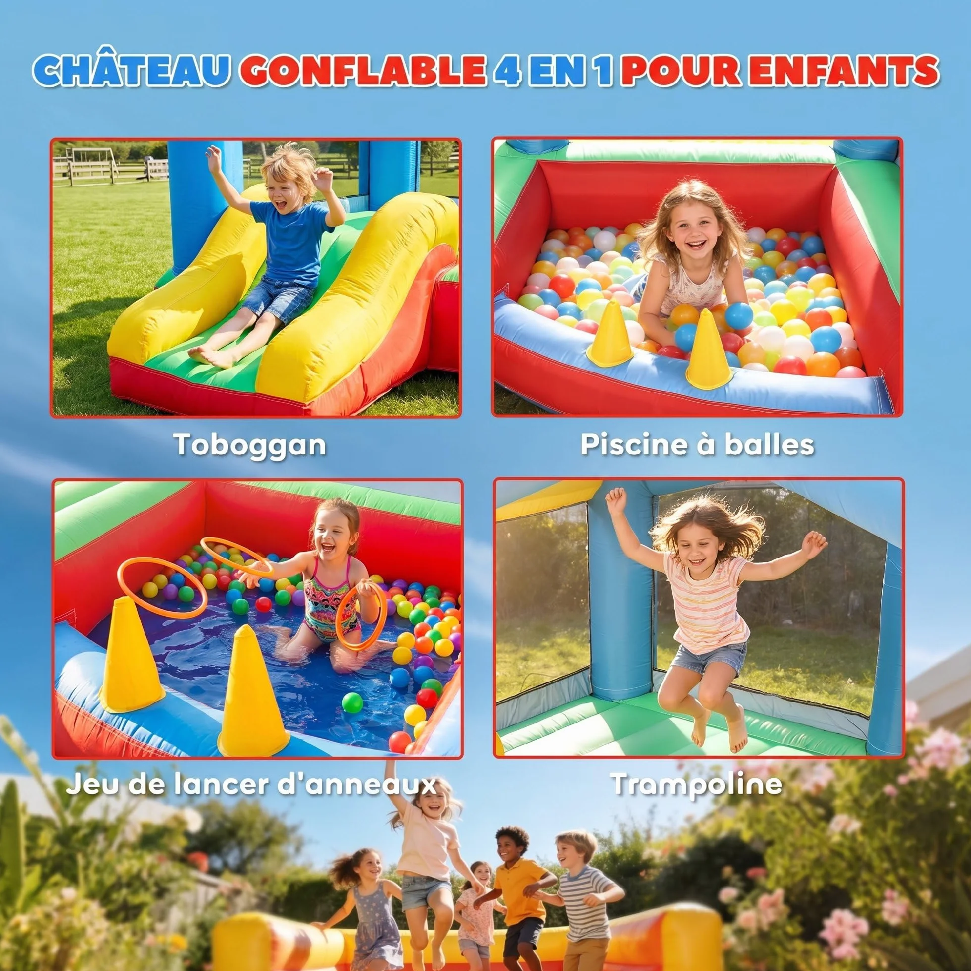 AIYAPLAY Château Gonflable 4 en 1 avec Toboggan, Piscine à balles, Jeu de Lancer d'anneaux, Toit à Protection Solaire, pour 3 Enfants 3-8 Ans