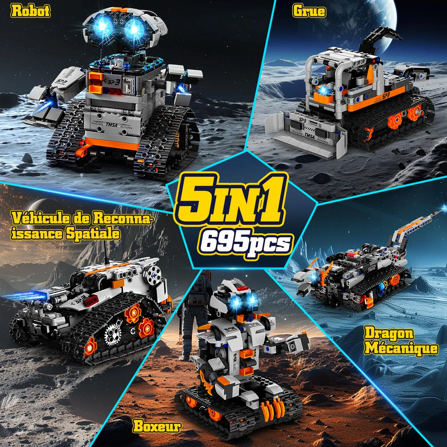 YOOHBERRYS Technic Robot Programmable 5-en-1 pour Enfants, Robotique avec Application et Télécommande, Cadeau Garçons 6-12 Ans (Gris)
