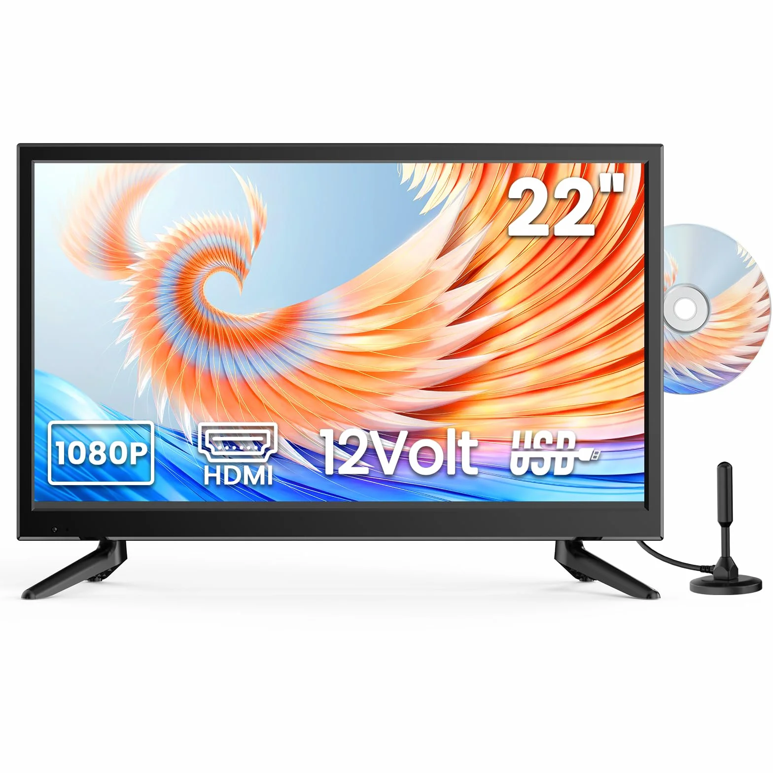Desobry Mini téléviseur 22 Pouces 1080p Lecteur DVD intégré Tuner DVB-T2 HDMI USB AV Combo TV-DVD 12 V Camping-Car