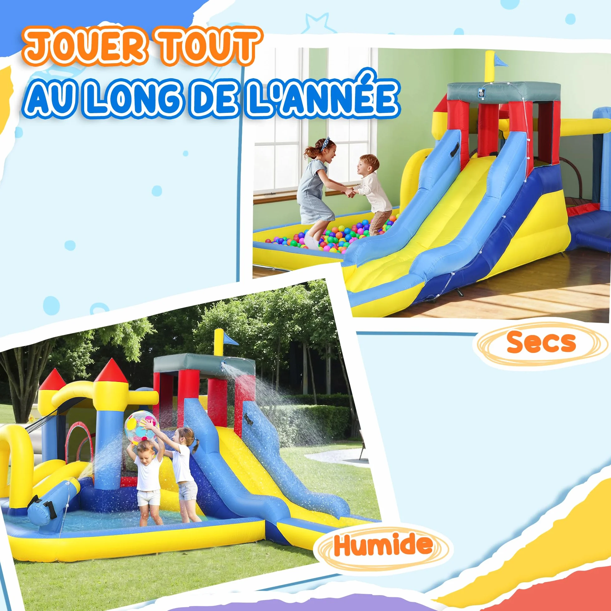 AIYAPLAY Château Gonflable 6 en 1 Parc Aquatique avec Toboggans, Trampoline, Mur d'escalade, Canon, Panier de Basket, pour 4 Enfants 3-8 Ans