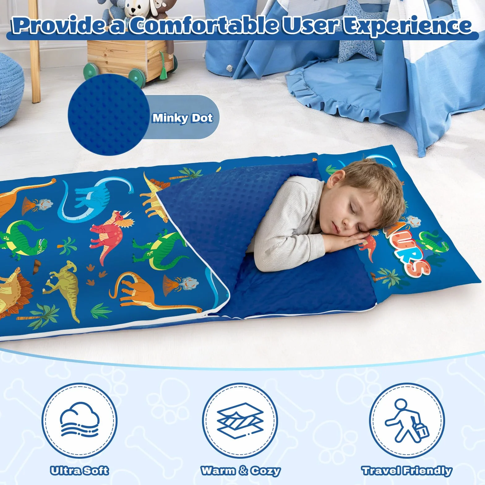 Sac Couchage Enfants 150x60cm avec Couverture et Oreiller Amovibles Léger Garcon Fille 3-7 Ans Voyage Camping