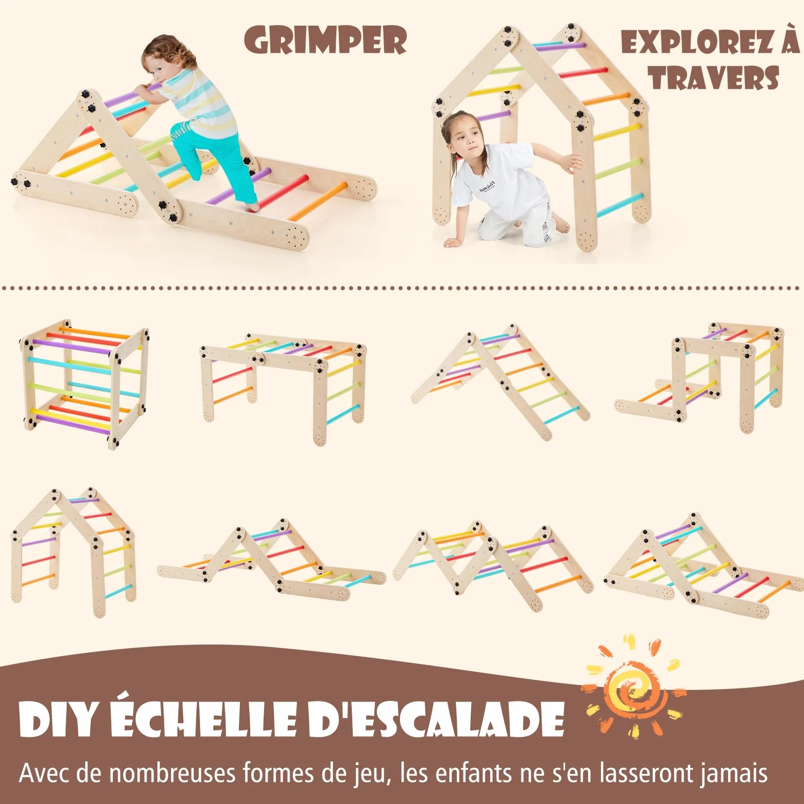GOPLUS 7 en 1 Triangle Escalade Enfant Montessori en Bois avec Échelle Modulable, Rampe d'escalade Réversible, Charge 60KG