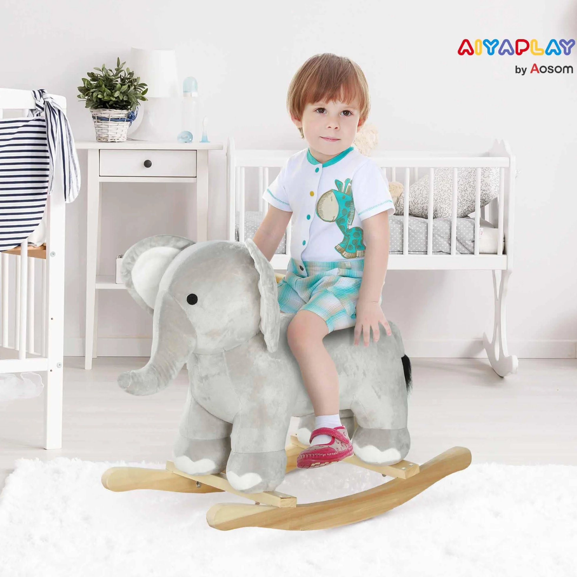 AIYAPLAY Cheval à Bascule pour Enfant, Jouet à Bascule en Peluche Éléphant avec Effets Sonores, 64,5x31x52 cm, Gris