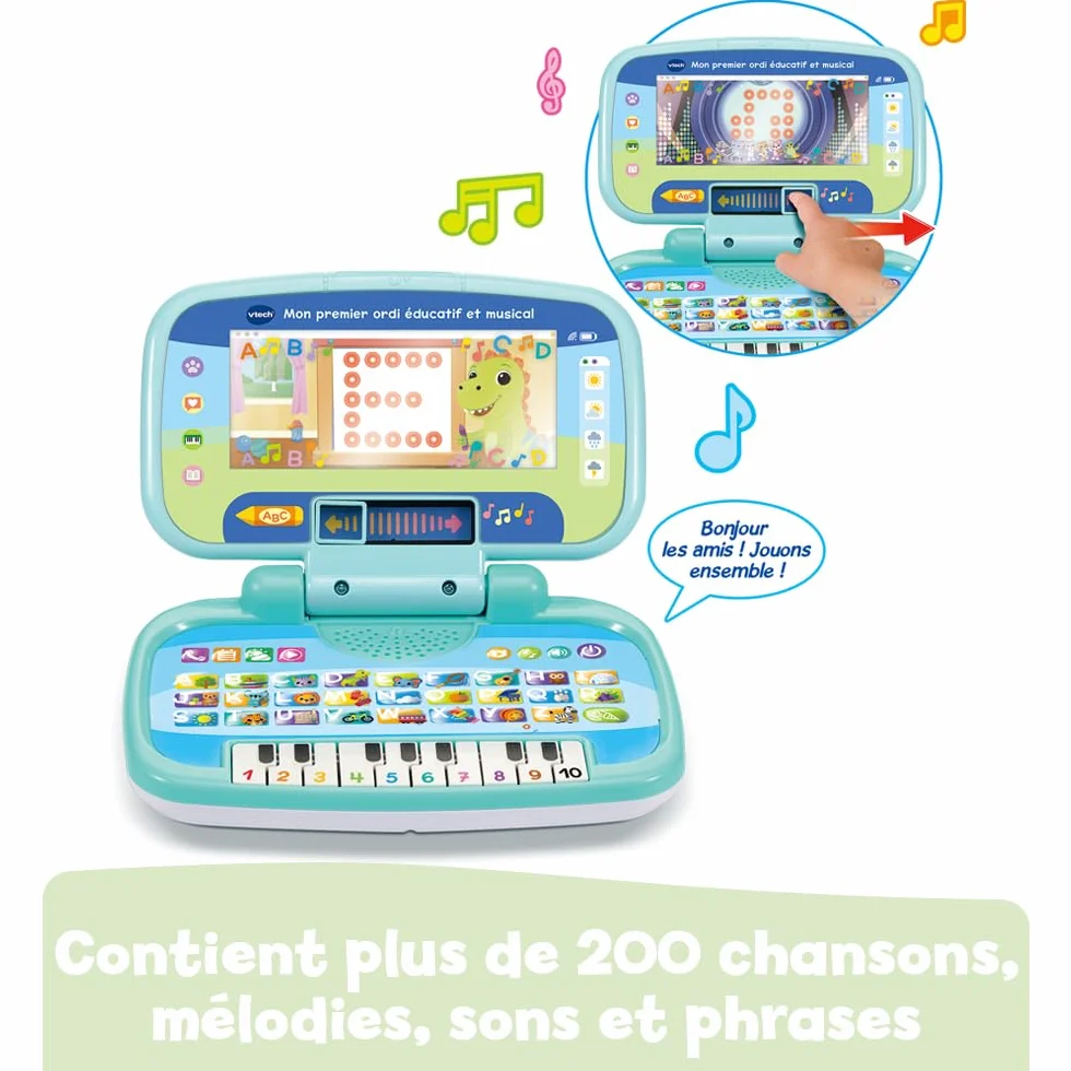 VTech Mon Premier Ordi Éducatif et Musical Ordinateur Portable Enfant avec Écran Animé Clavier ABC Poignée de Transport 7 Jeux Éducatifs Cadeau Enfant 2 à 5 Ans