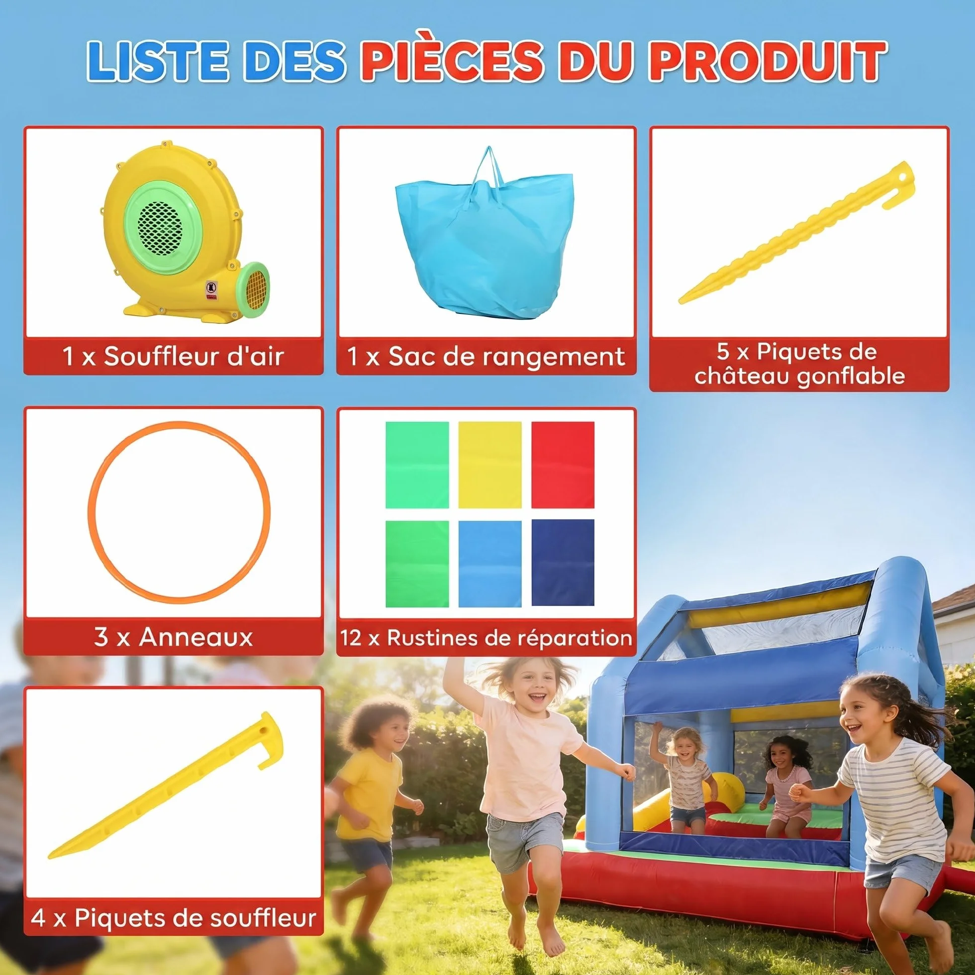 AIYAPLAY Château Gonflable 4 en 1 avec Toboggan, Piscine à balles, Jeu de Lancer d'anneaux, Toit à Protection Solaire, pour 3 Enfants 3-8 Ans