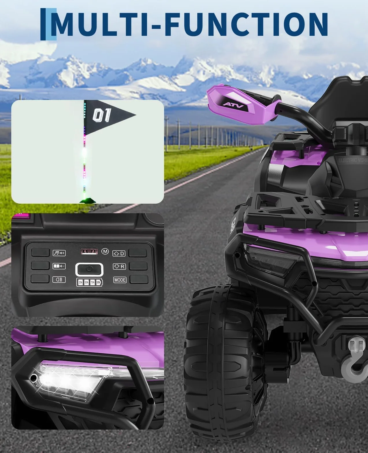 Quad électrique Tout-Terrain pour Enfants 2 Moteurs Télécommande Parents LED Bluetooth USB 95x56x55 cm