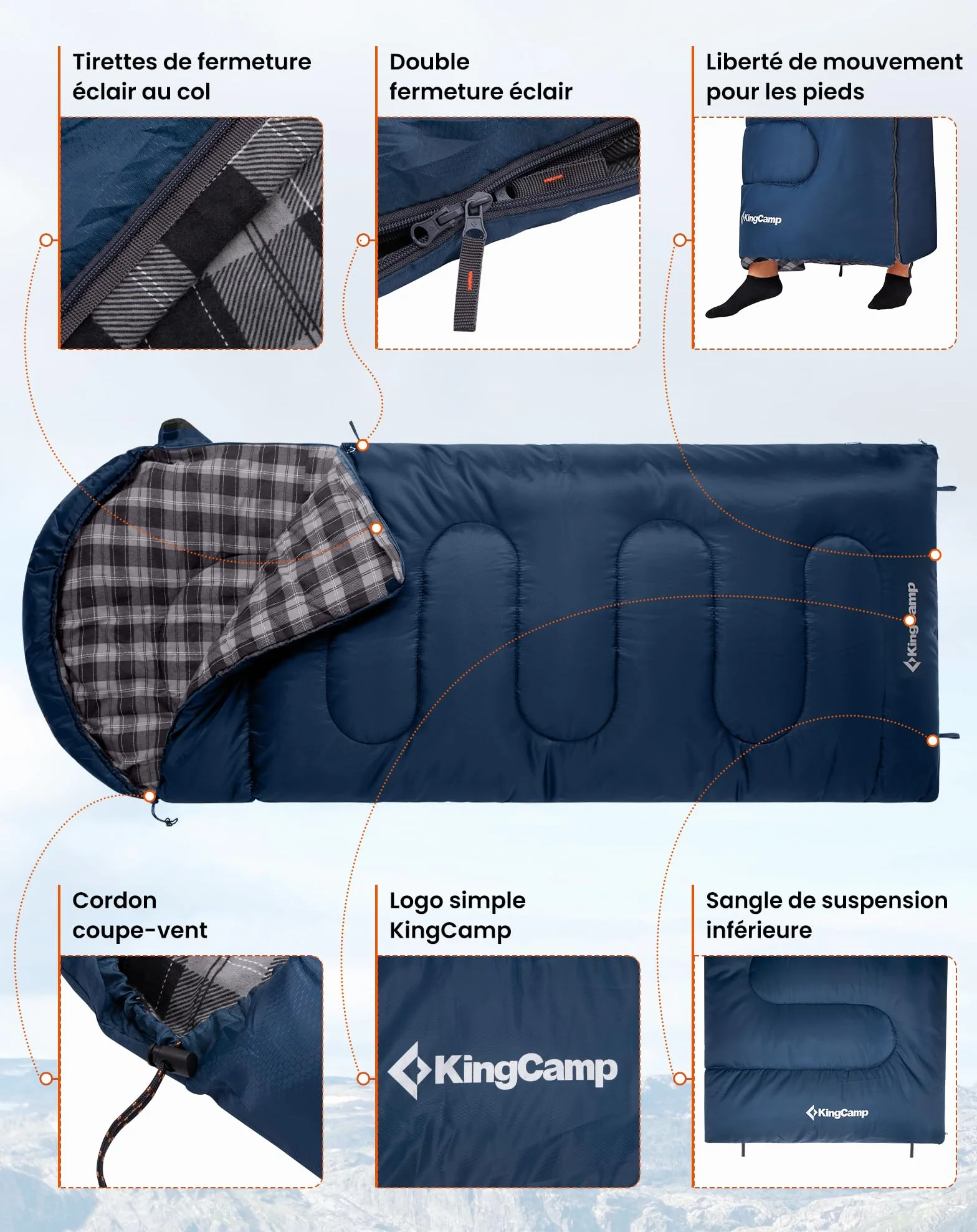 KingCamp Sac de Couchage Adulte Hiver Flanelle Coton 230x90cm 4°C à -15°C 3-4 Saisons Camping