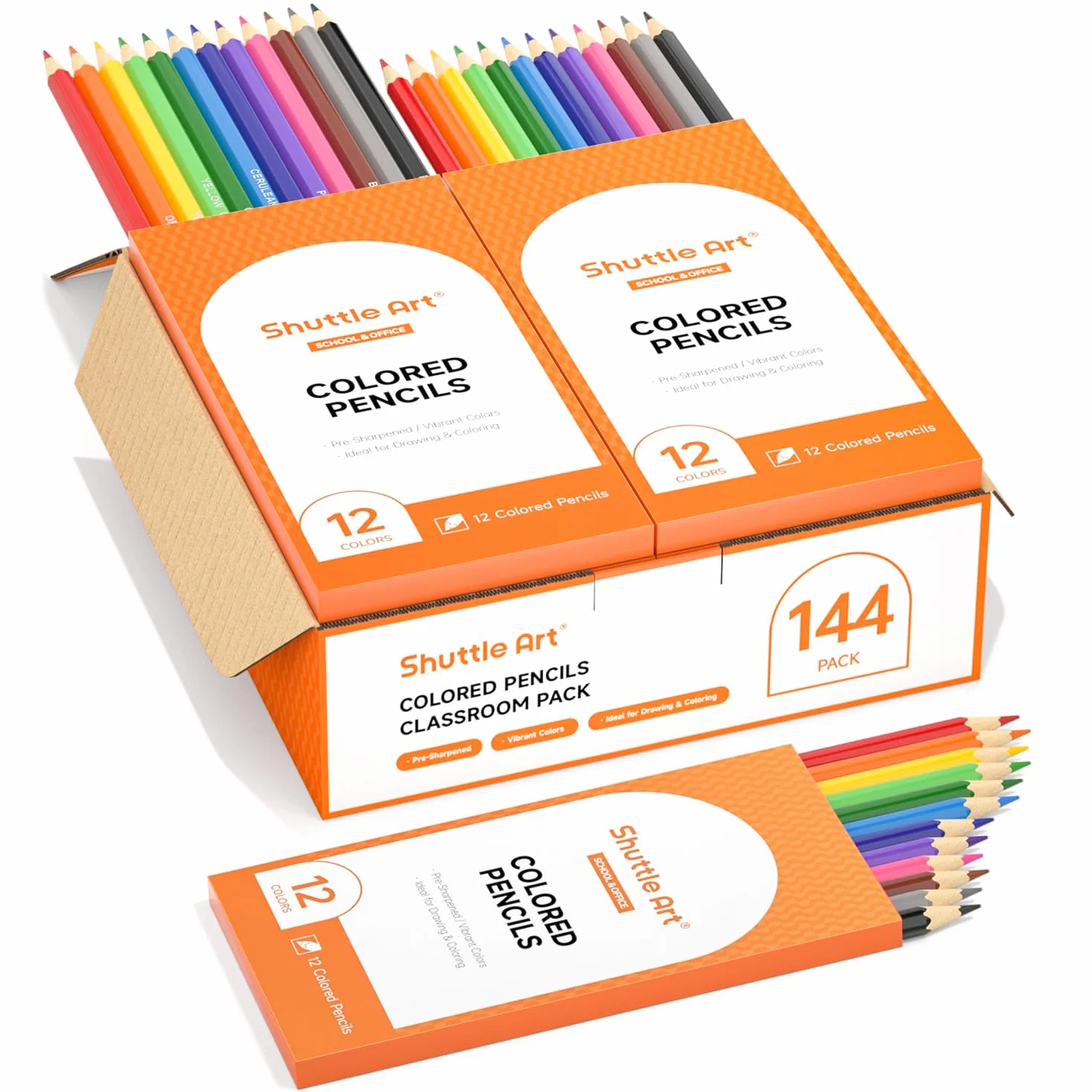 Shuttle Art 144 Crayon de Couleurs, Pack de 12, Pré-taillé, Fournitures Scolaires